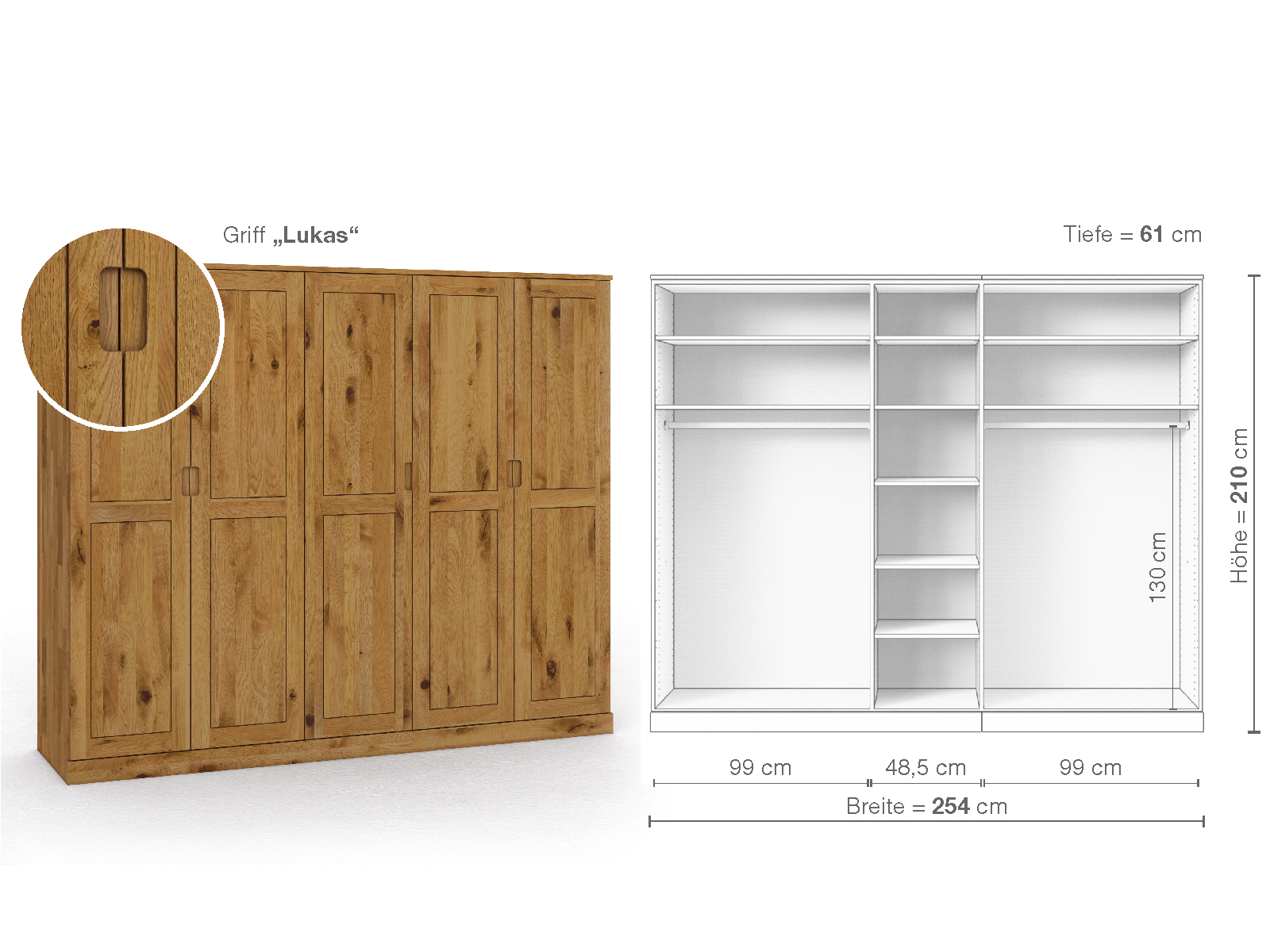 Schrank „Edelweiß“ aus Wildeiche, 5-türig, Höhe 210 cm, Griffausführung „Lukas“, Inneneinrichtung B