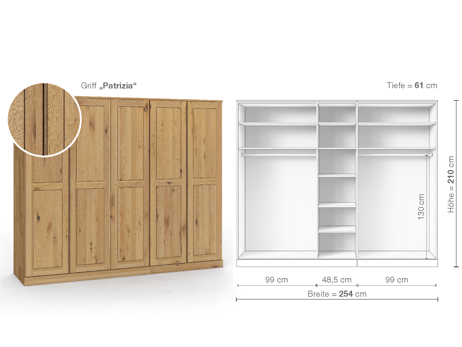 Schrank „Edelweiß“ aus Wildeiche Hell, 5-türig, Höhe 210 cm, Griffausführung „Patrizia“, Inneneinrichtung B