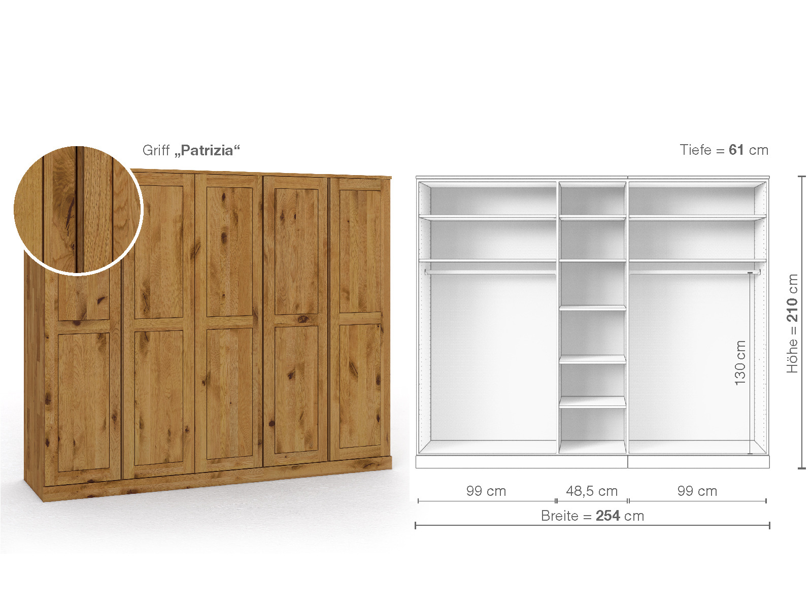 Schrank „Edelweiß“ aus Wildeiche, 5-türig, Höhe 210 cm, Griffausführung „Patrizia“, Inneneinrichtung B