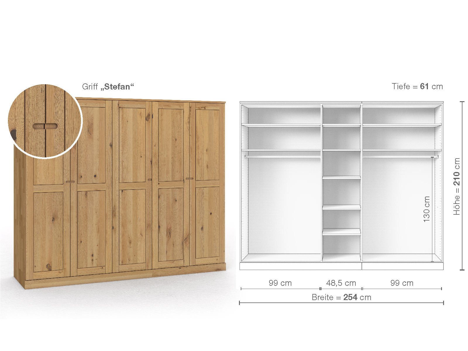 Schrank „Edelweiß“ aus Wildeiche Hell, 5-türig, Höhe 210 cm, Griffausführung „Stefan“, Inneneinrichtung B