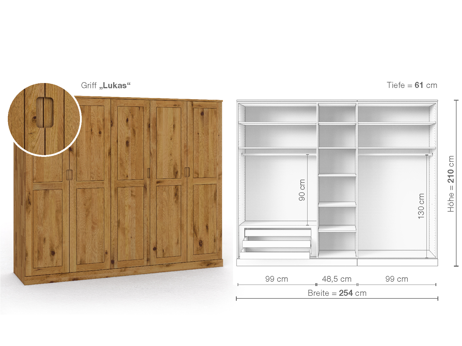 Schrank „Edelweiß“ aus Wildeiche, 5-türig, Höhe 210 cm, Griffausführung „Lukas“, Inneneinrichtung C