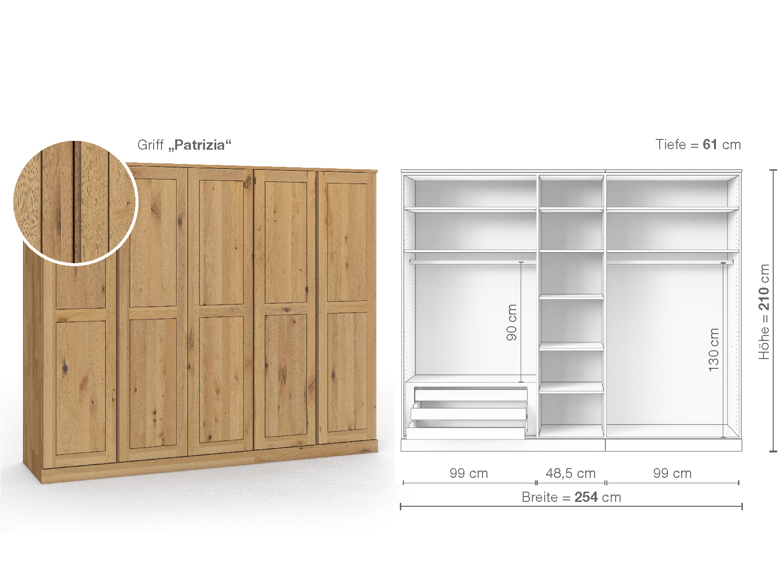 Schrank „Edelweiß“ aus Wildeiche Hell, 5-türig, Höhe 210 cm, Griffausführung „Patrizia“, Inneneinrichtung C