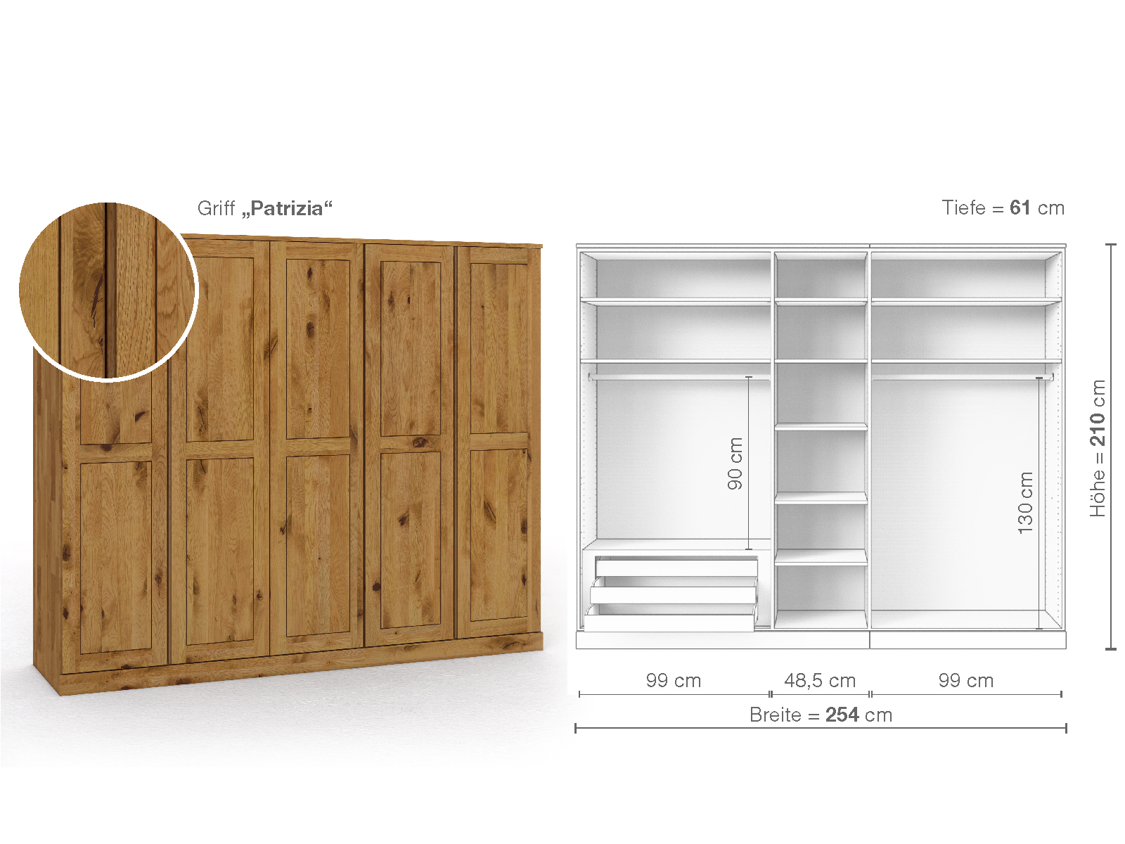 Schrank „Edelweiß“ aus Wildeiche, 5-türig, Höhe 210 cm, Griffausführung „Patrizia“, Inneneinrichtung C