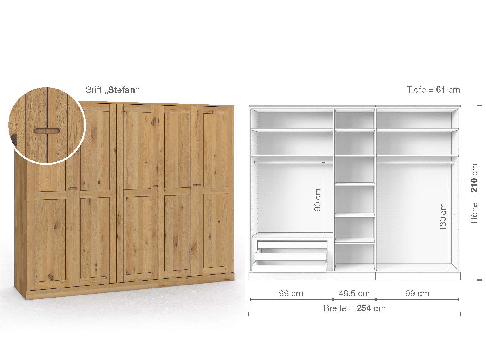 Schrank „Edelweiß“ aus Wildeiche Hell, 5-türig, Höhe 210 cm, Griffausführung „Stefan“, Inneneinrichtung C