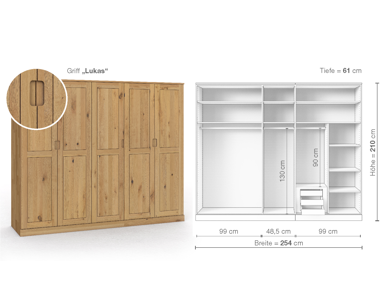 Schrank „Edelweiß“ aus Wildeiche Hell, 5-türig, Höhe 210 cm, Griffausführung „Lukas“, Inneneinrichtung D