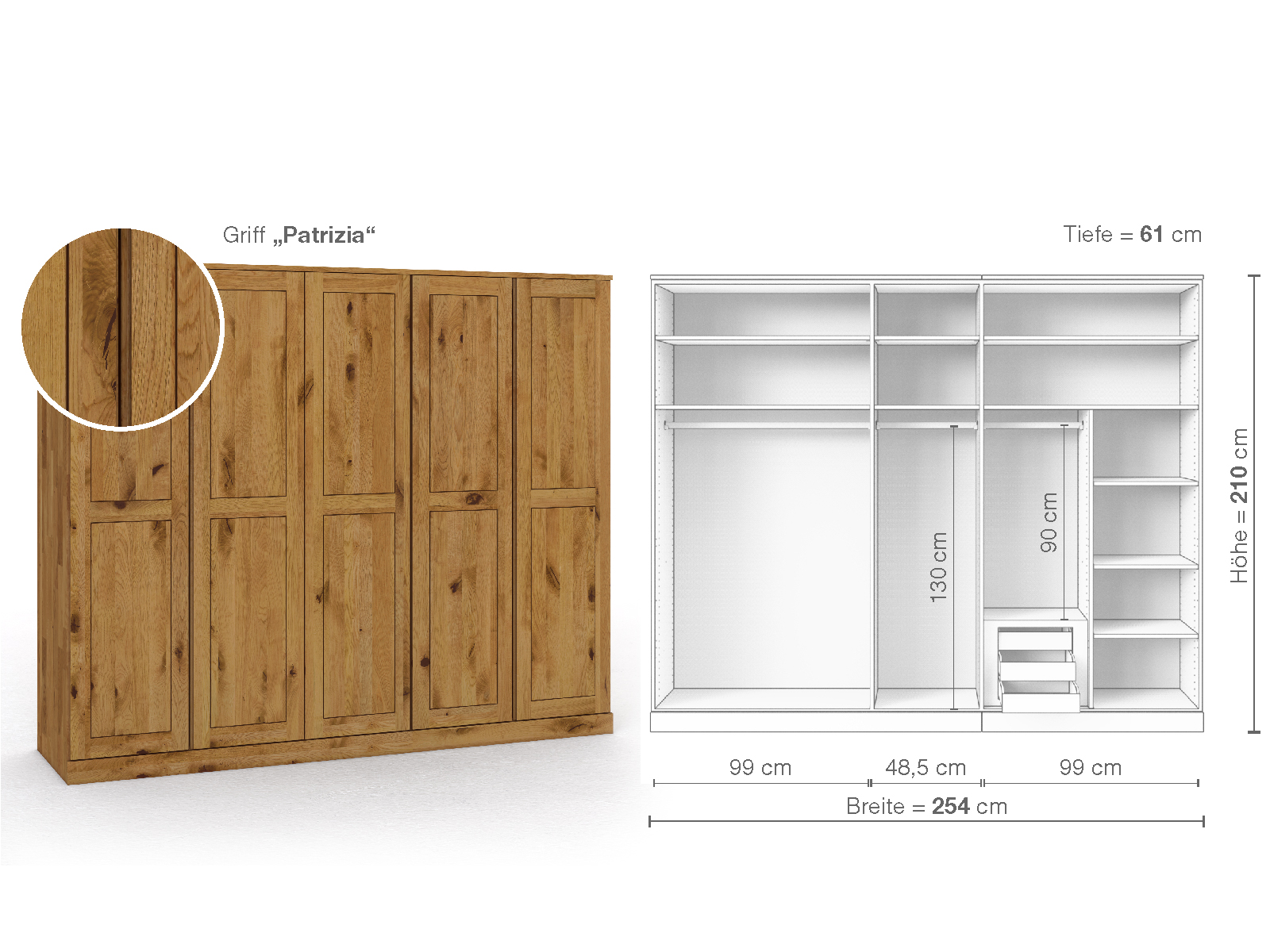 Schrank „Edelweiß“ aus Wildeiche, 5-türig, Höhe 210 cm, Griffausführung „Patrizia“, Inneneinrichtung D