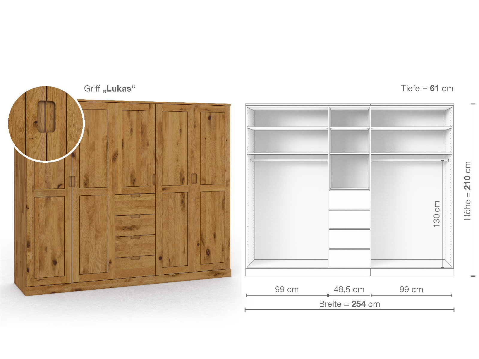 Schrank „Edelweiß“ aus Wildeiche, 5-türig, Höhe 210 cm, Griffausführung „Lukas“, Inneneinrichtung E