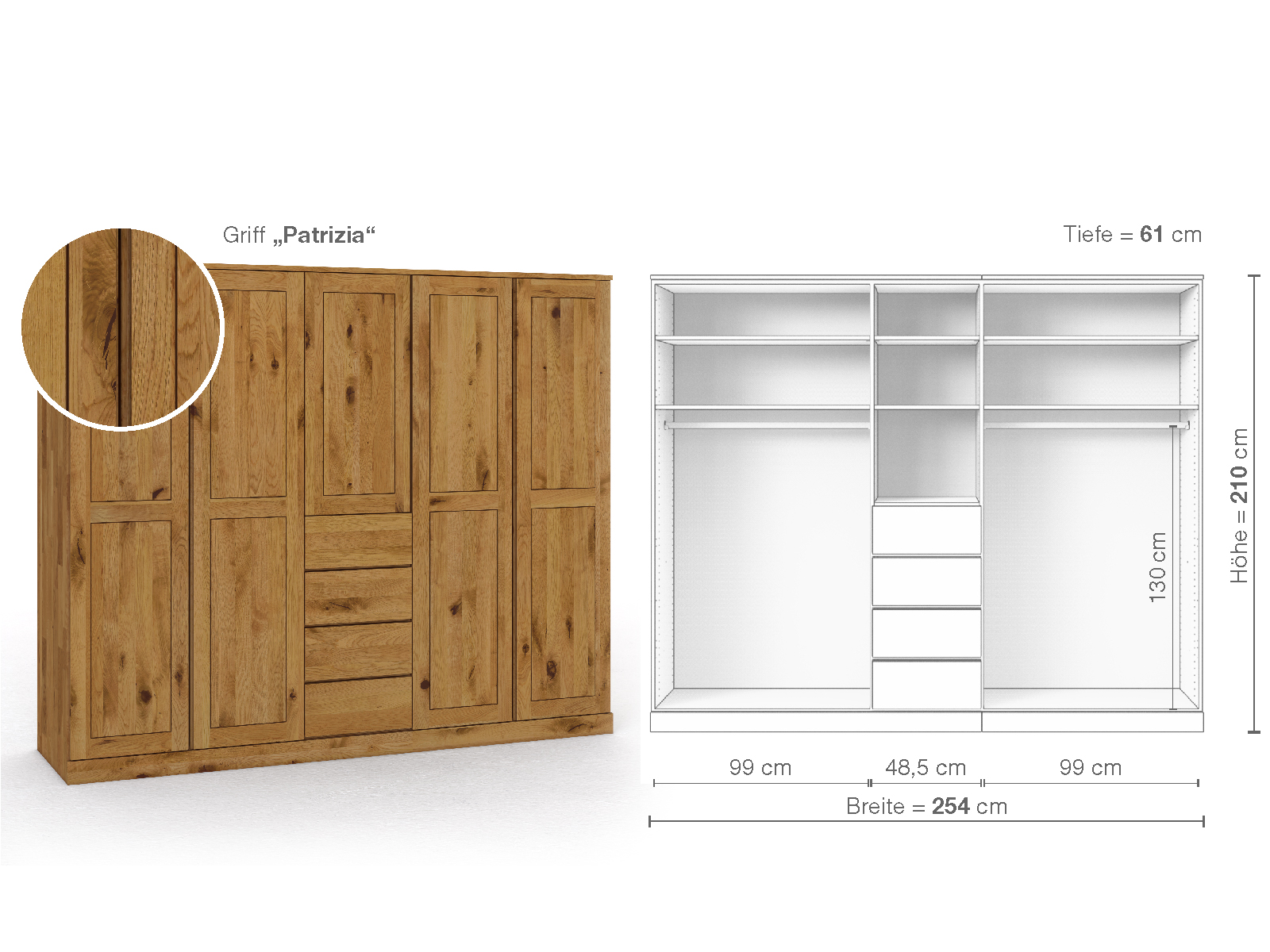 Schrank „Edelweiß“ aus Wildeiche, 5-türig, Höhe 210 cm, Griffausführung „Patrizia“, Inneneinrichtung E