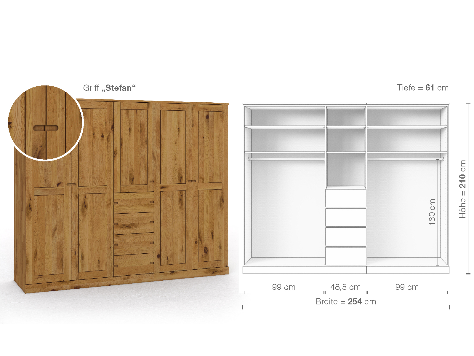 Schrank „Edelweiß“ aus Wildeiche, 5-türig, Höhe 210 cm, Griffausführung „Stefan“, Inneneinrichtung E