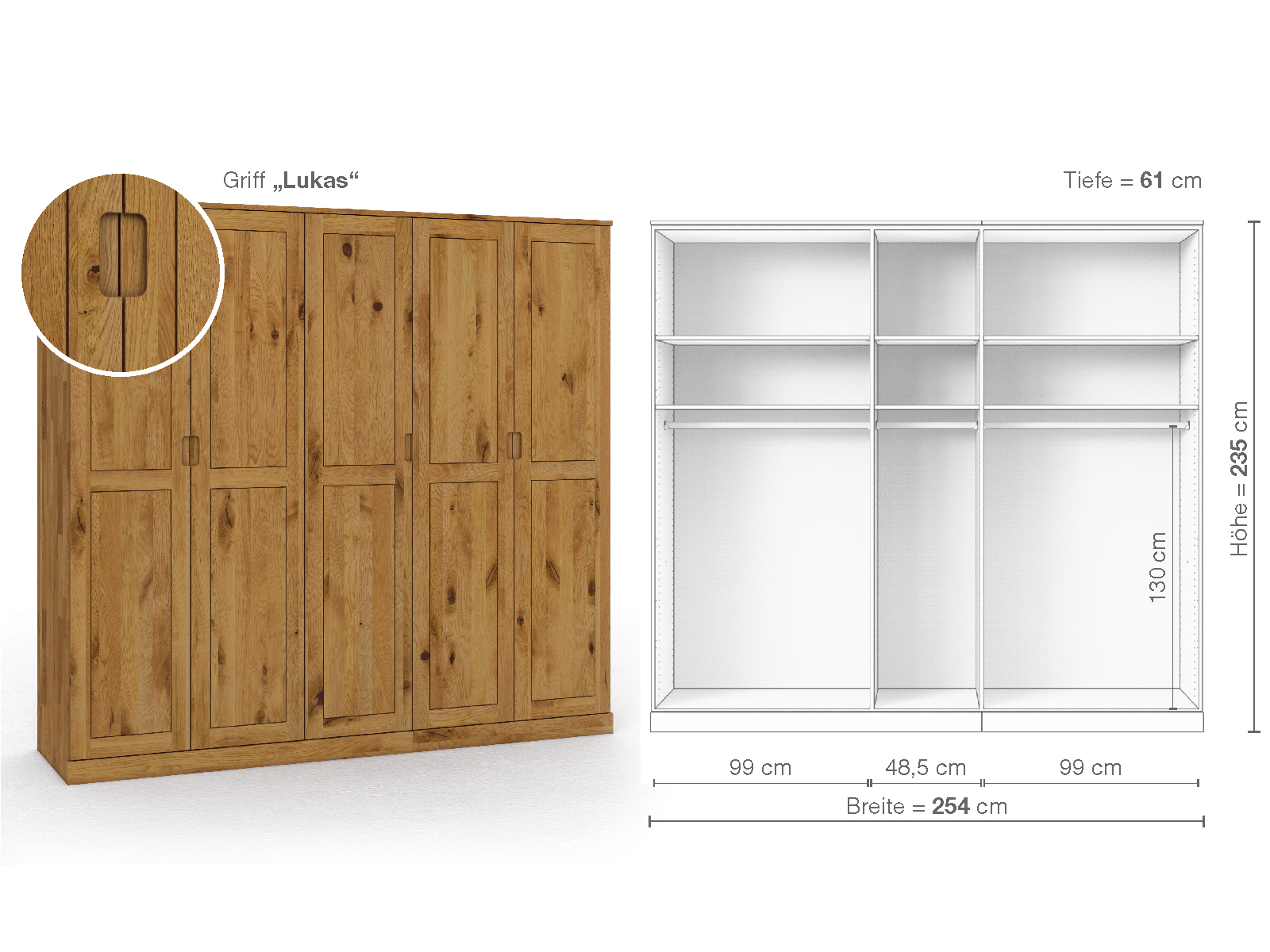 Schrank „Edelweiß“ aus Wildeiche, 5-türig, Höhe 235 cm, Griffausführung „Lukas“, Inneneinrichtung A