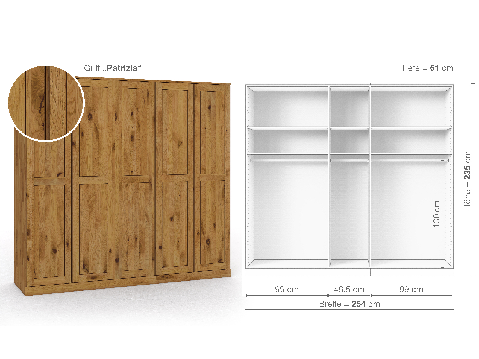 Schrank „Edelweiß“ aus Wildeiche, 5-türig, Höhe 235 cm, Griffausführung „Patrizia“, Inneneinrichtung A