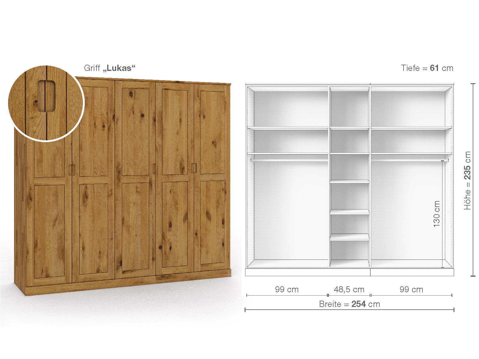 Schrank „Edelweiß“ aus Wildeiche, 5-türig, Höhe 235 cm, Griffausführung „Lukas“, Inneneinrichtung B