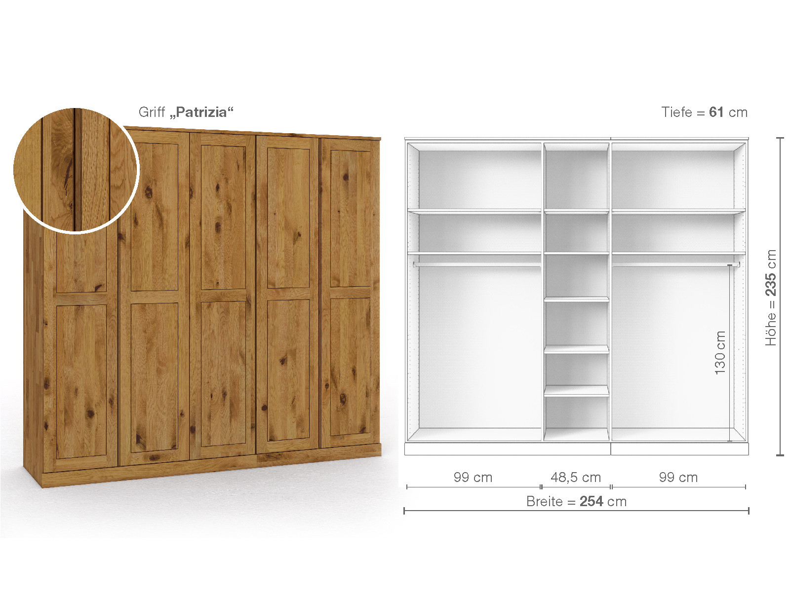 Schrank „Edelweiß“ aus Wildeiche, 5-türig, Höhe 235 cm, Griffausführung „Patrizia“, Inneneinrichtung B