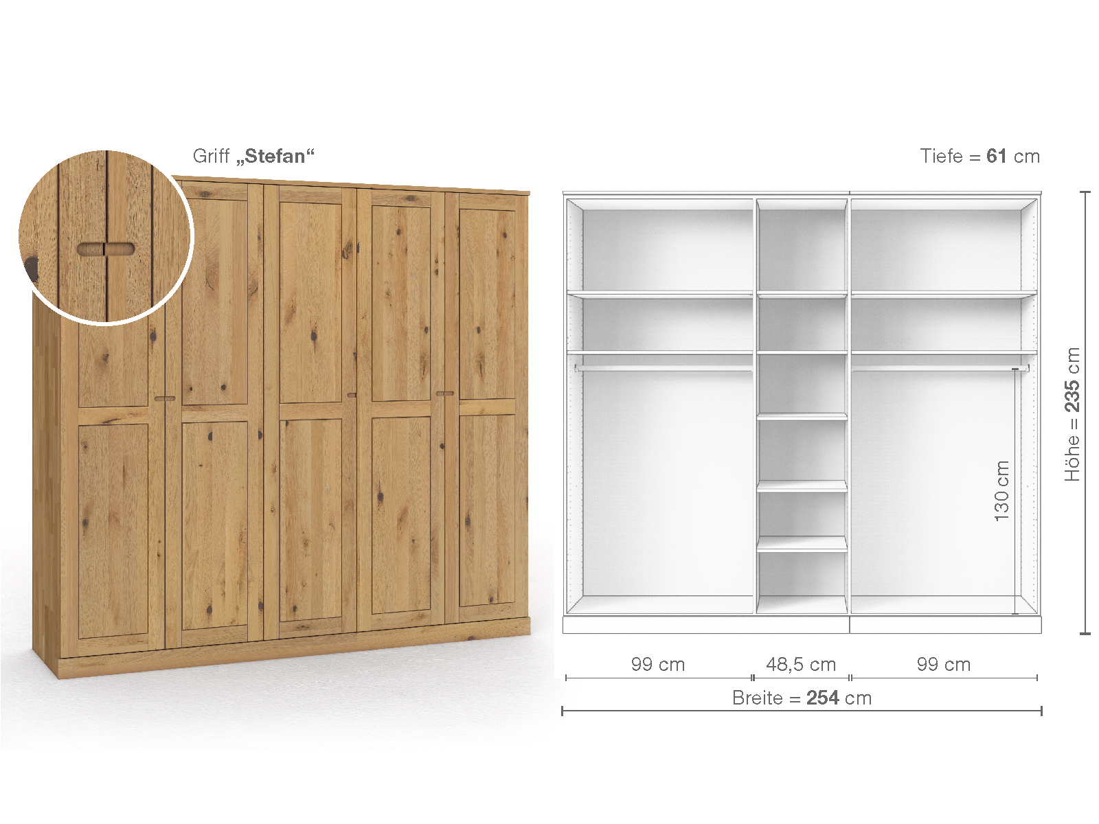 Schrank „Edelweiß“ aus Wildeiche Hell, 5-türig, Höhe 235 cm, Griffausführung „Stefan“, Inneneinrichtung B