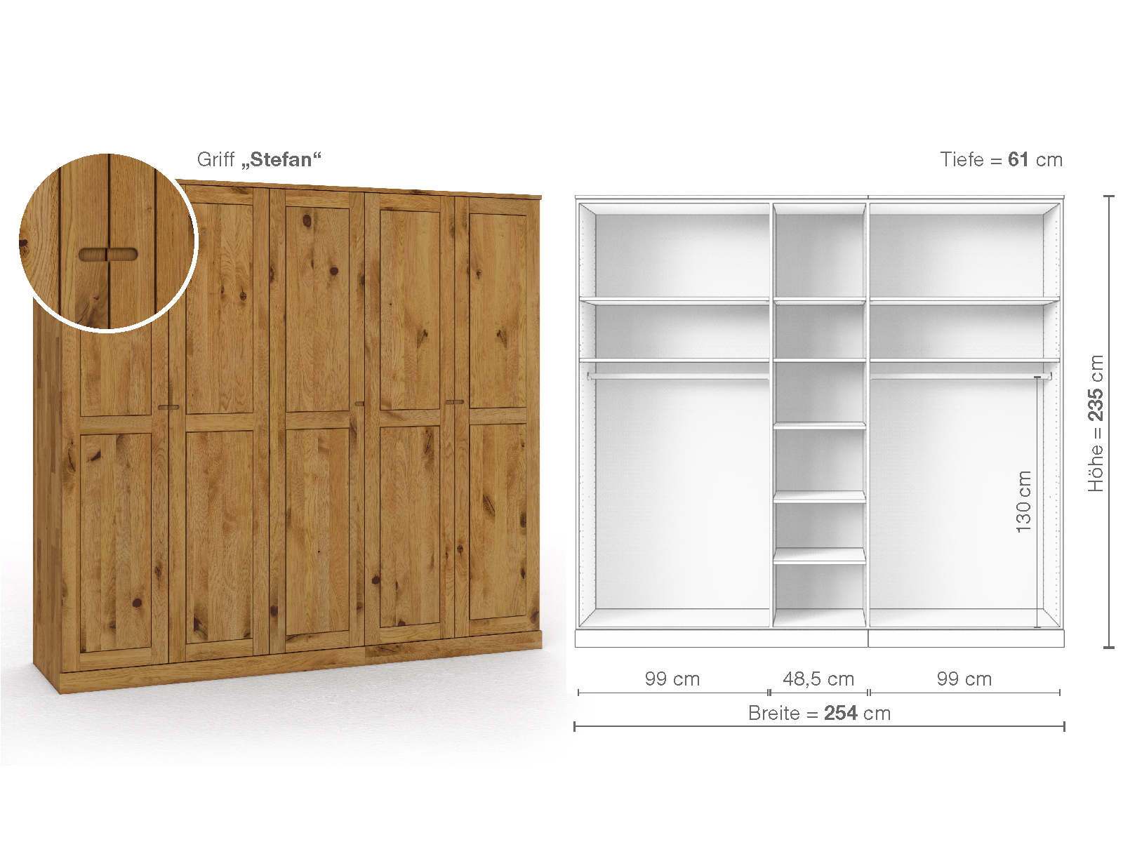 Schrank „Edelweiß“ aus Wildeiche, 5-türig, Höhe 235 cm, Griffausführung „Stefan“, Inneneinrichtung B