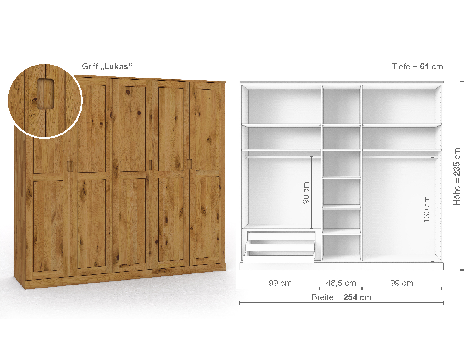 Schrank „Edelweiß“ aus Wildeiche, 5-türig, Höhe 235 cm, Griffausführung „Lukas“, Inneneinrichtung C