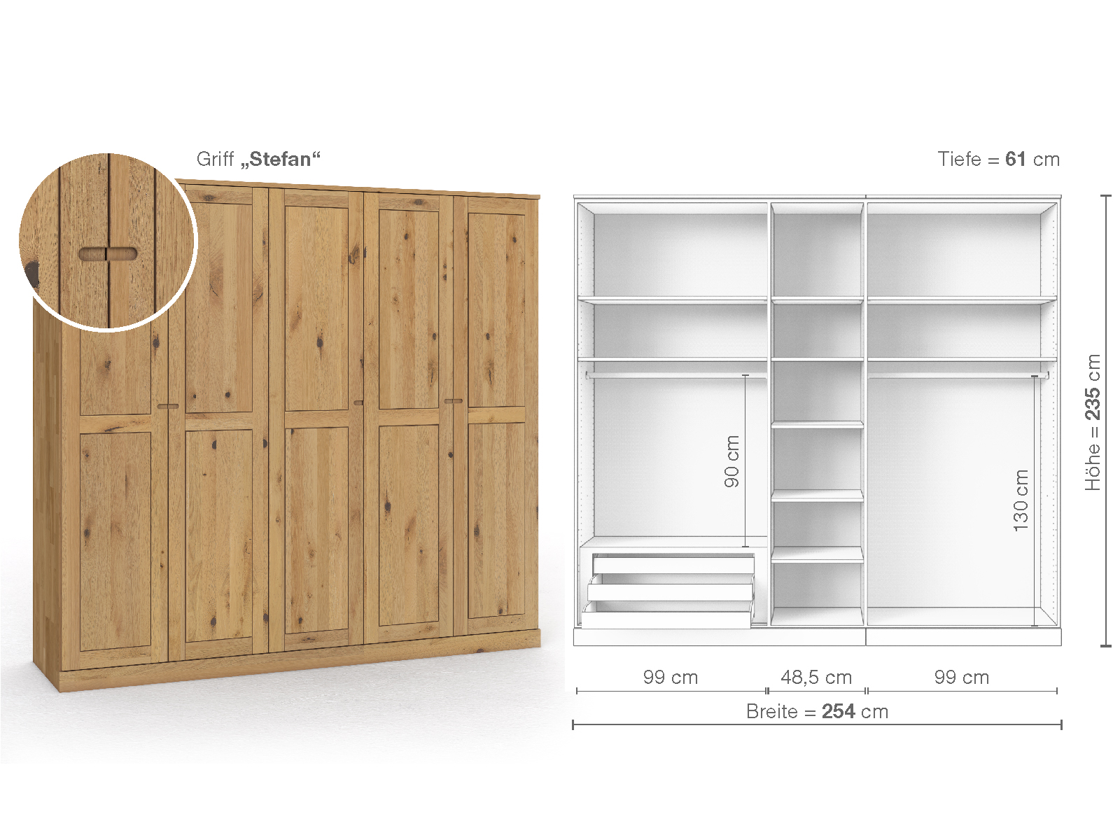Schrank „Edelweiß“ aus Wildeiche Hell, 5-türig, Höhe 235 cm, Griffausführung „Stefan“, Inneneinrichtung C