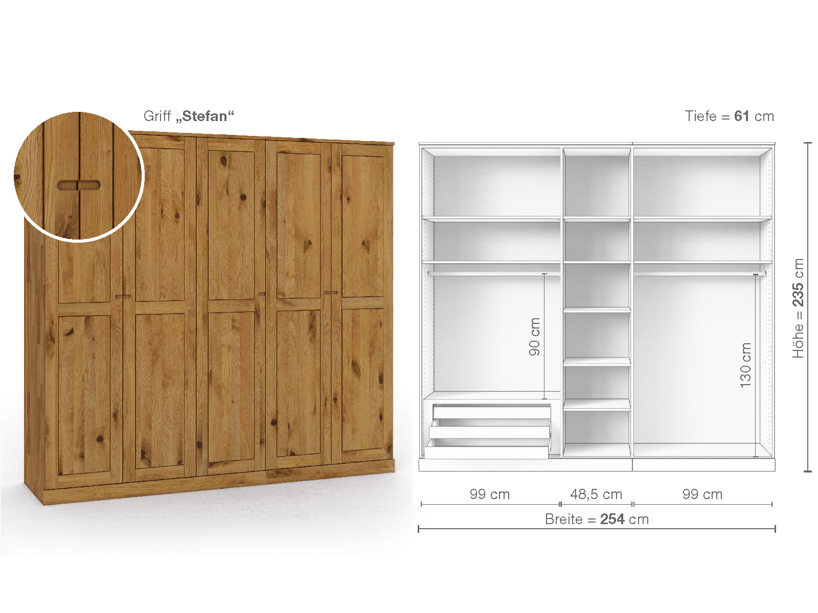 Schrank „Edelweiß“ aus Wildeiche, 5-türig, Höhe 235 cm, Griffausführung „Stefan“, Inneneinrichtung C