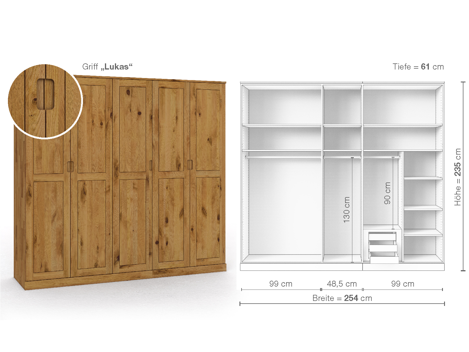 Schrank „Edelweiß“ aus Wildeiche, 5-türig, Höhe 235 cm, Griffausführung „Lukas“, Inneneinrichtung D