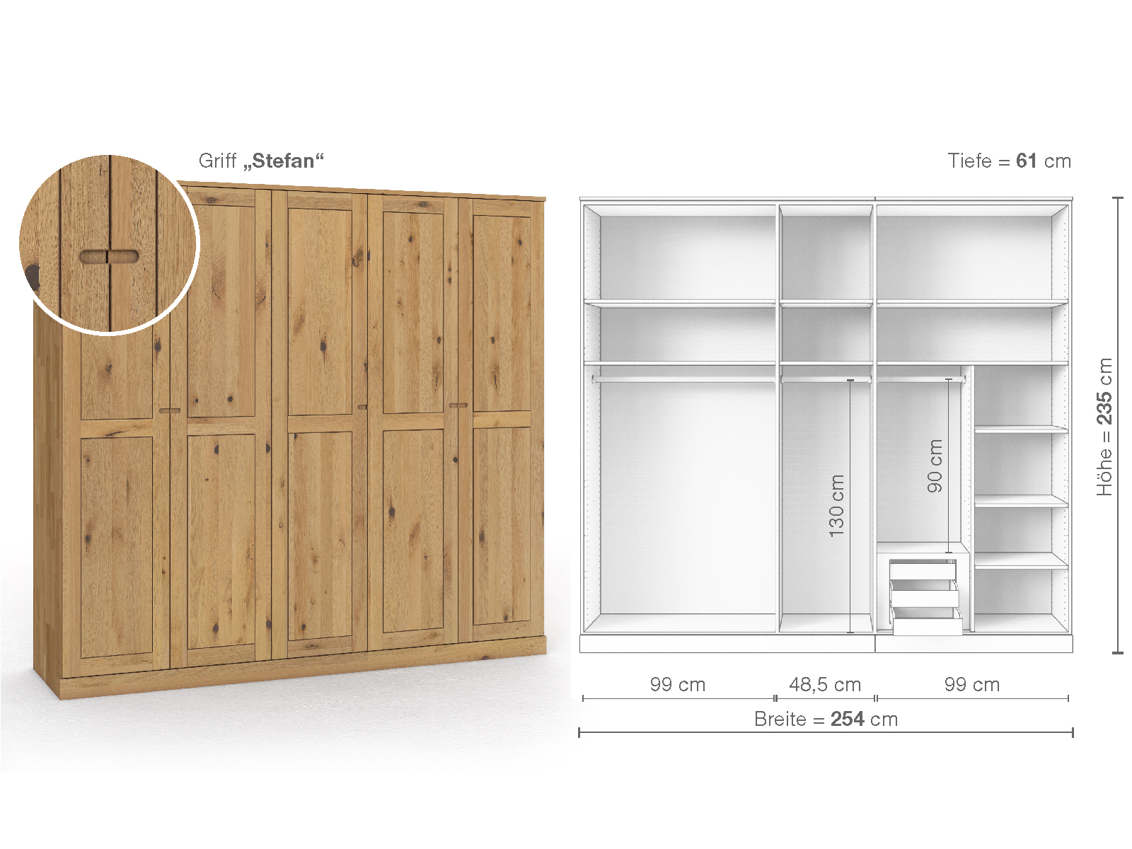 Schrank „Edelweiß“ aus Wildeiche Hell, 5-türig, Höhe 235 cm, Griffausführung „Stefan“, Inneneinrichtung D