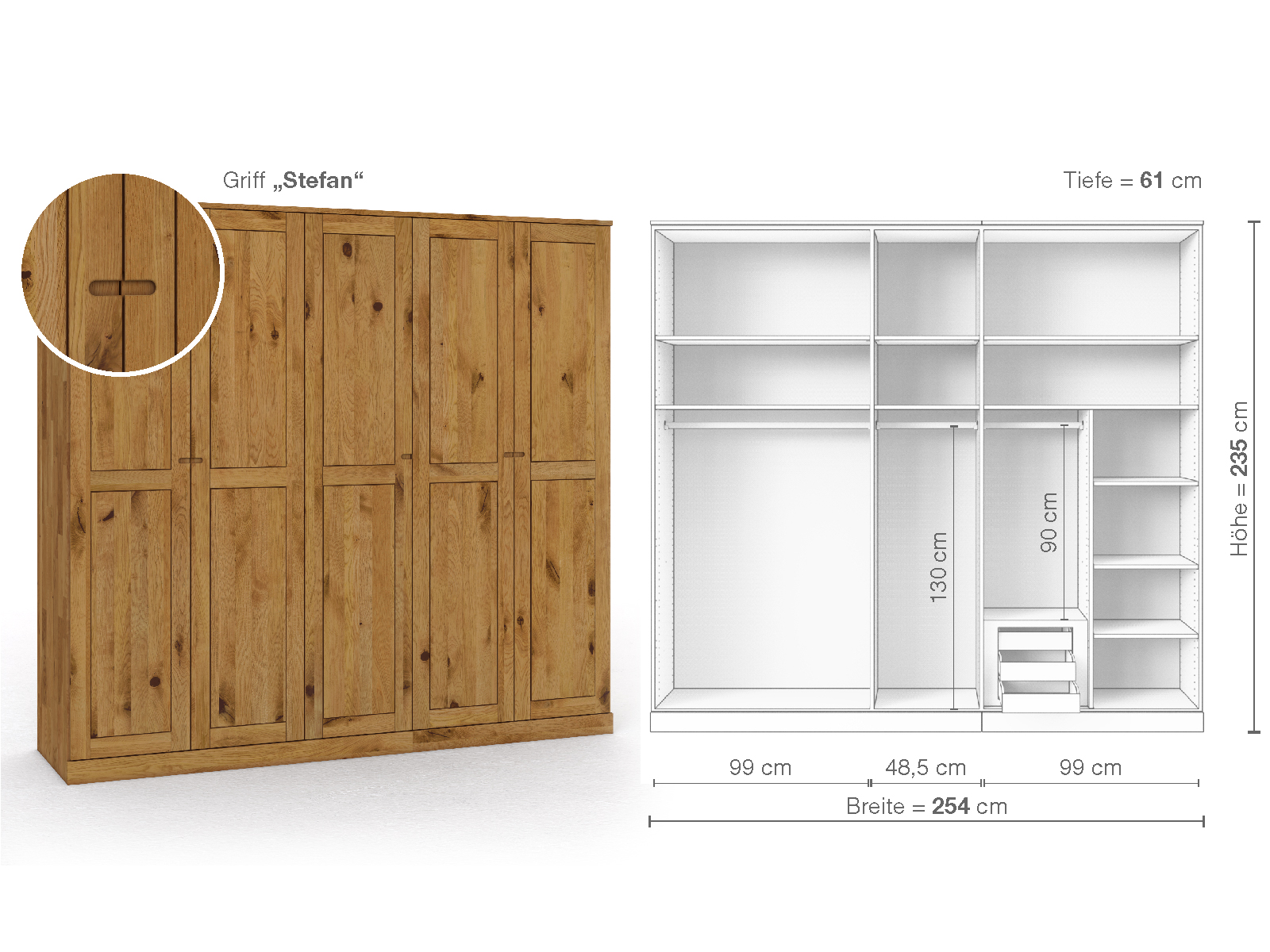 Schrank „Edelweiß“ aus Wildeiche, 5-türig, Höhe 235 cm, Griffausführung „Stefan“, Inneneinrichtung D