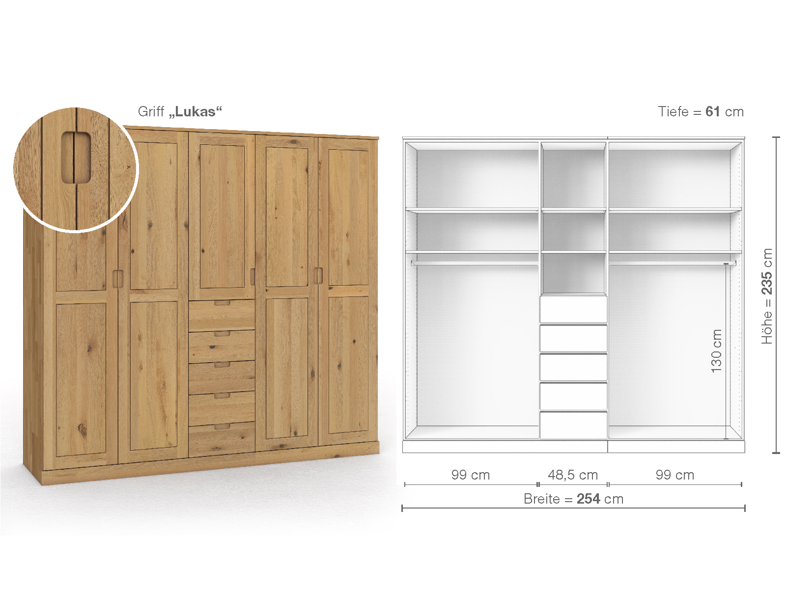 Schrank „Edelweiß“ aus Wildeiche Hell, 5-türig, Höhe 235 cm, Griffausführung „Lukas“, Inneneinrichtung E