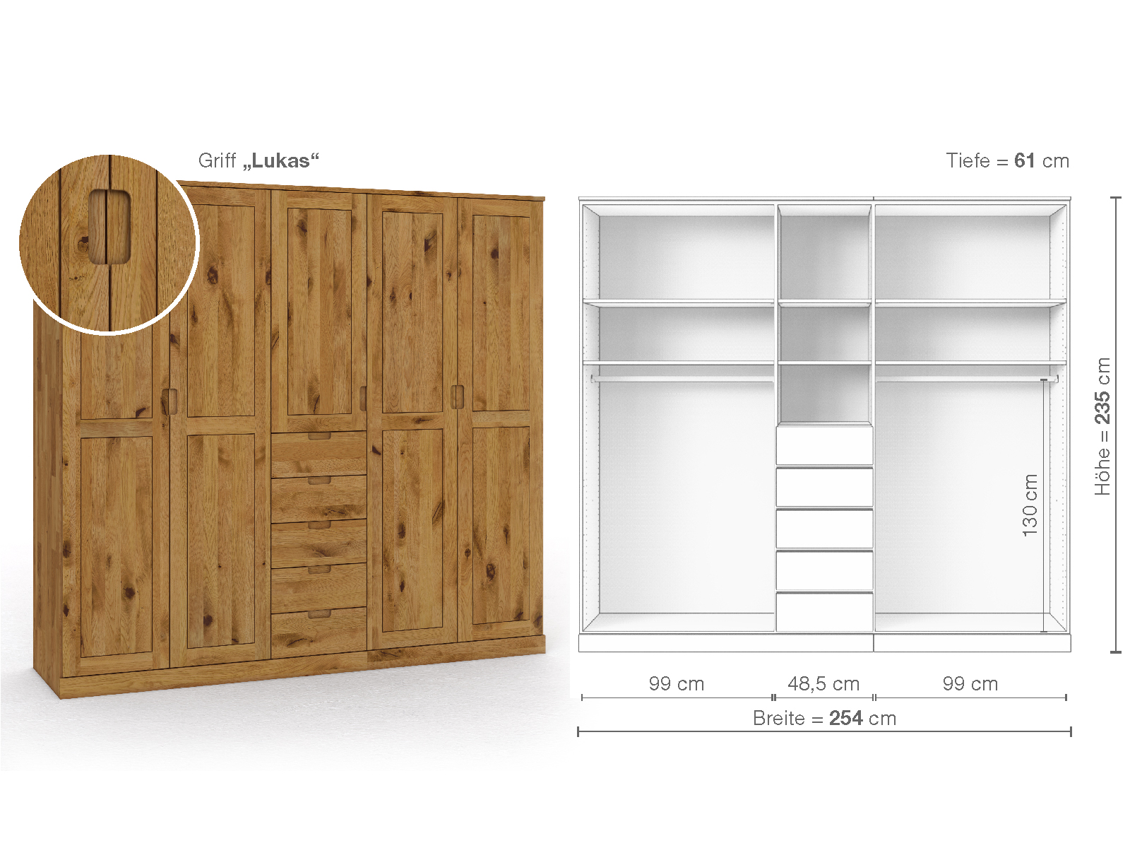 Schrank „Edelweiß“ aus Wildeiche, 5-türig, Höhe 235 cm, Griffausführung „Lukas“, Inneneinrichtung E