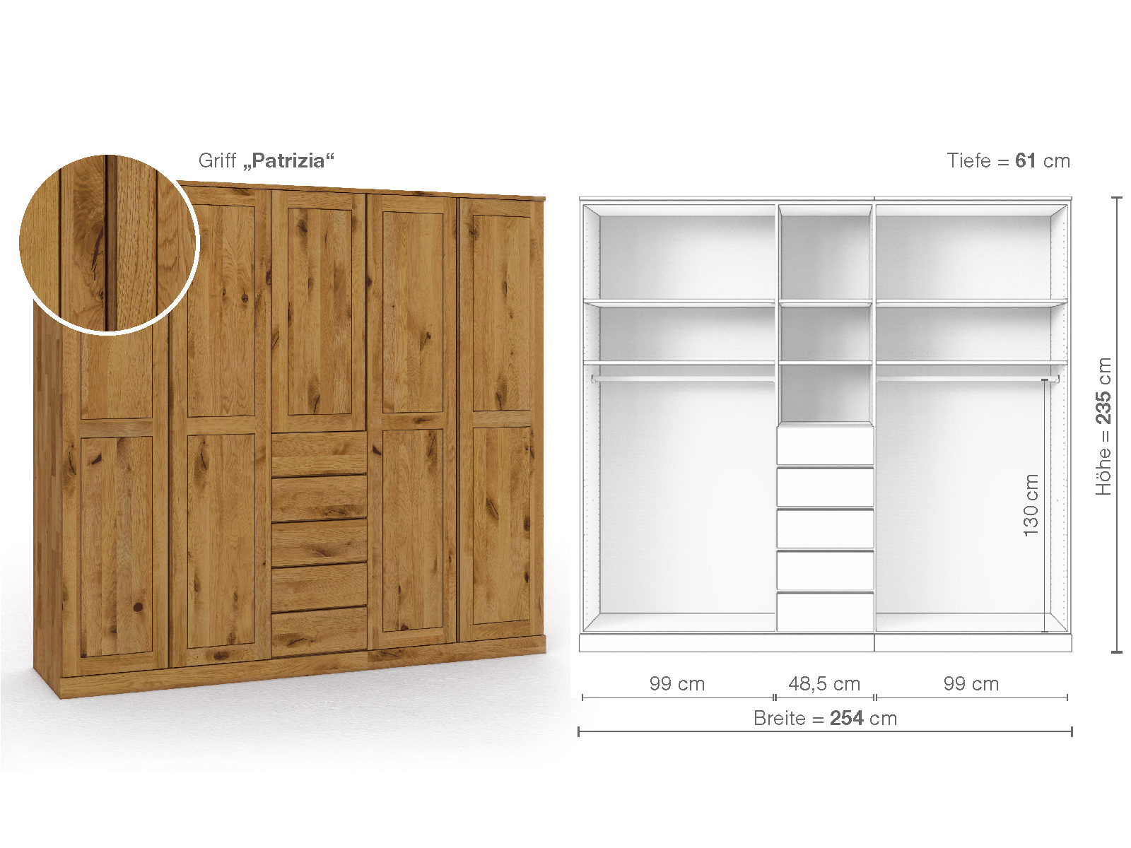 Schrank „Edelweiß“ aus Wildeiche, 5-türig, Höhe 235 cm, Griffausführung „Patrizia“, Inneneinrichtung E