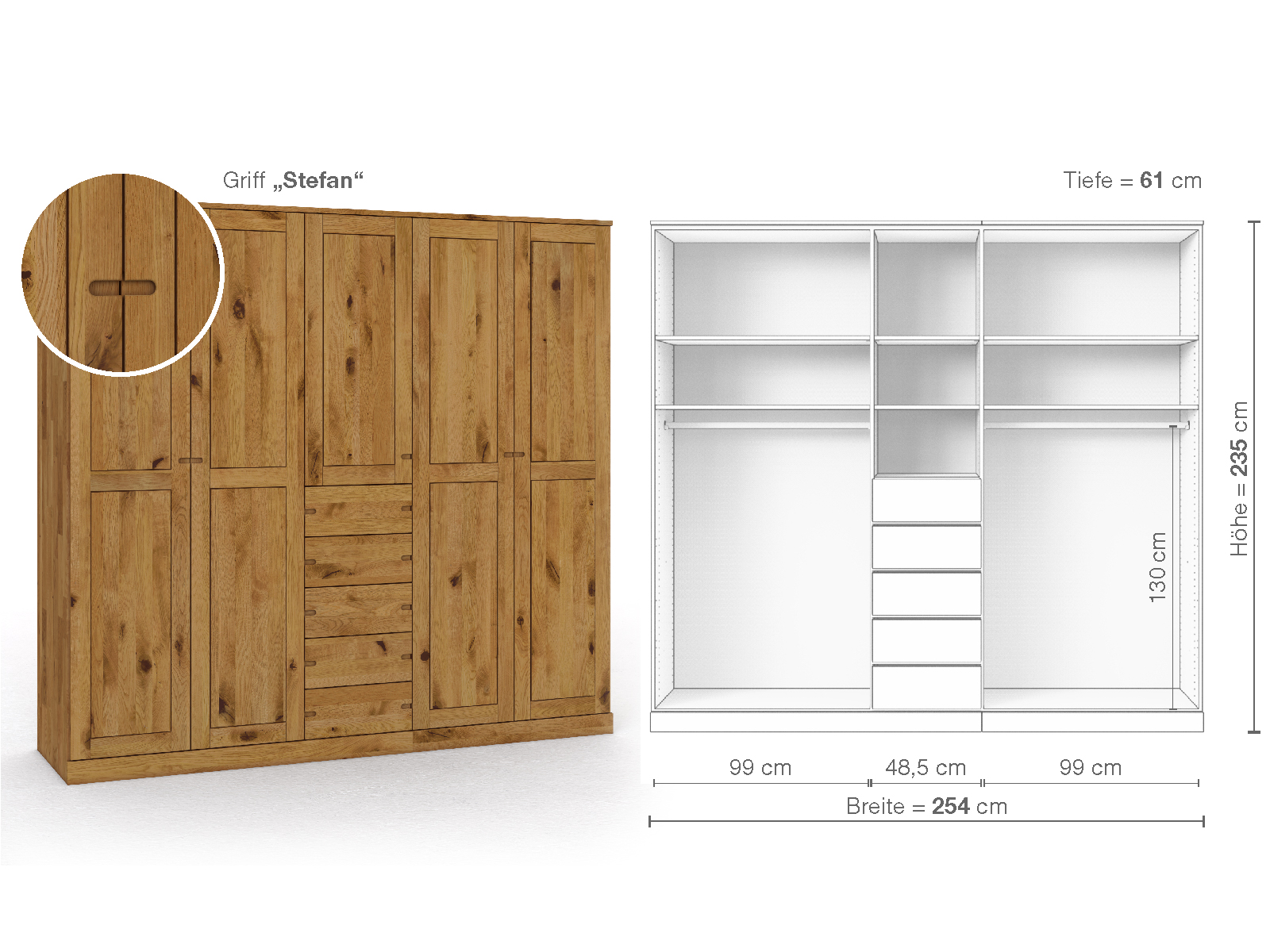 Schrank „Edelweiß“ aus Wildeiche, 5-türig, Höhe 235 cm, Griffausführung „Stefan“, Inneneinrichtung E