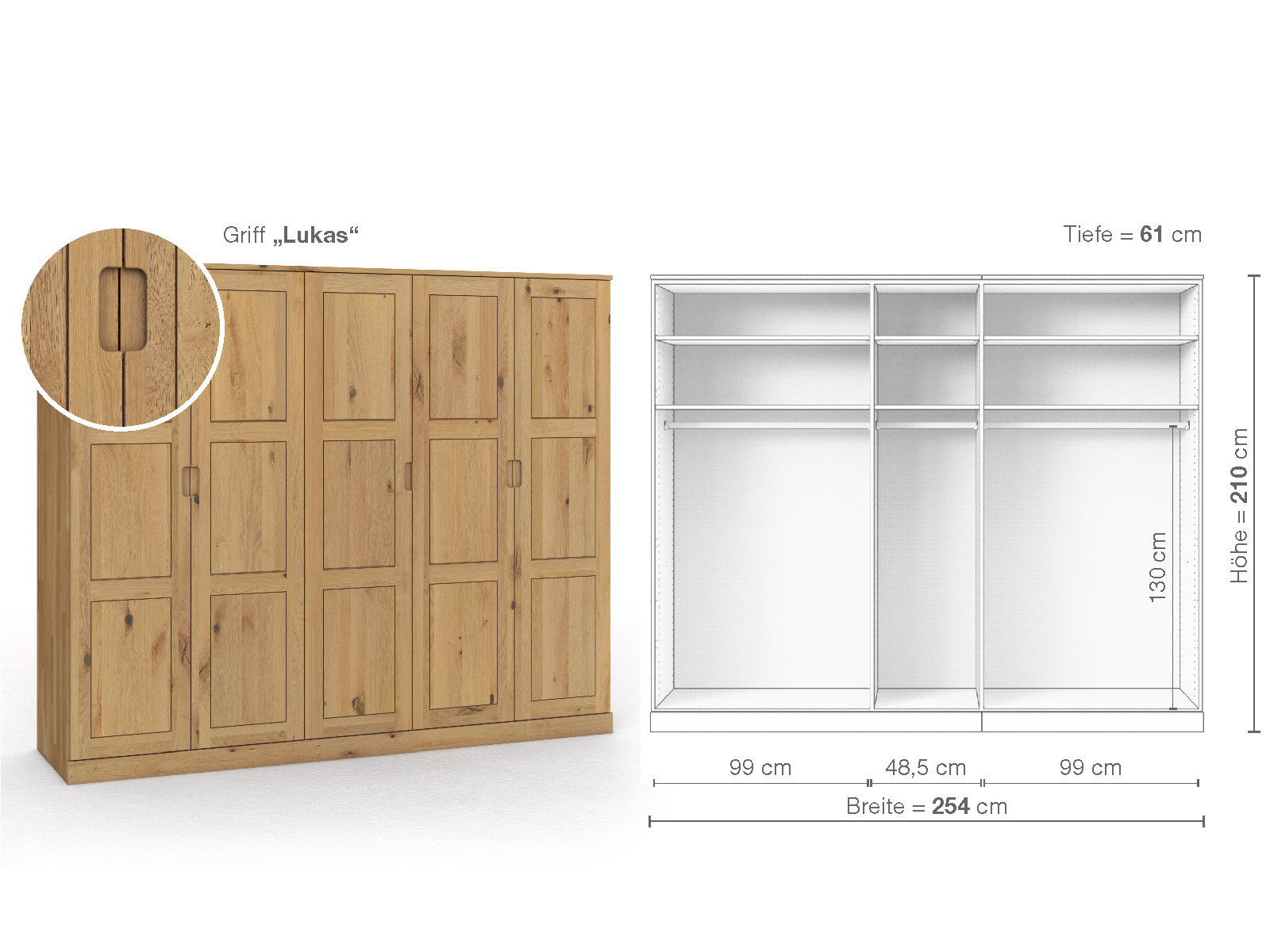 Schrank „Enzian“ aus Wildeiche Hell, 5-türig, Höhe 210 cm, Griffausführung „Lukas“, Inneneinrichtung A