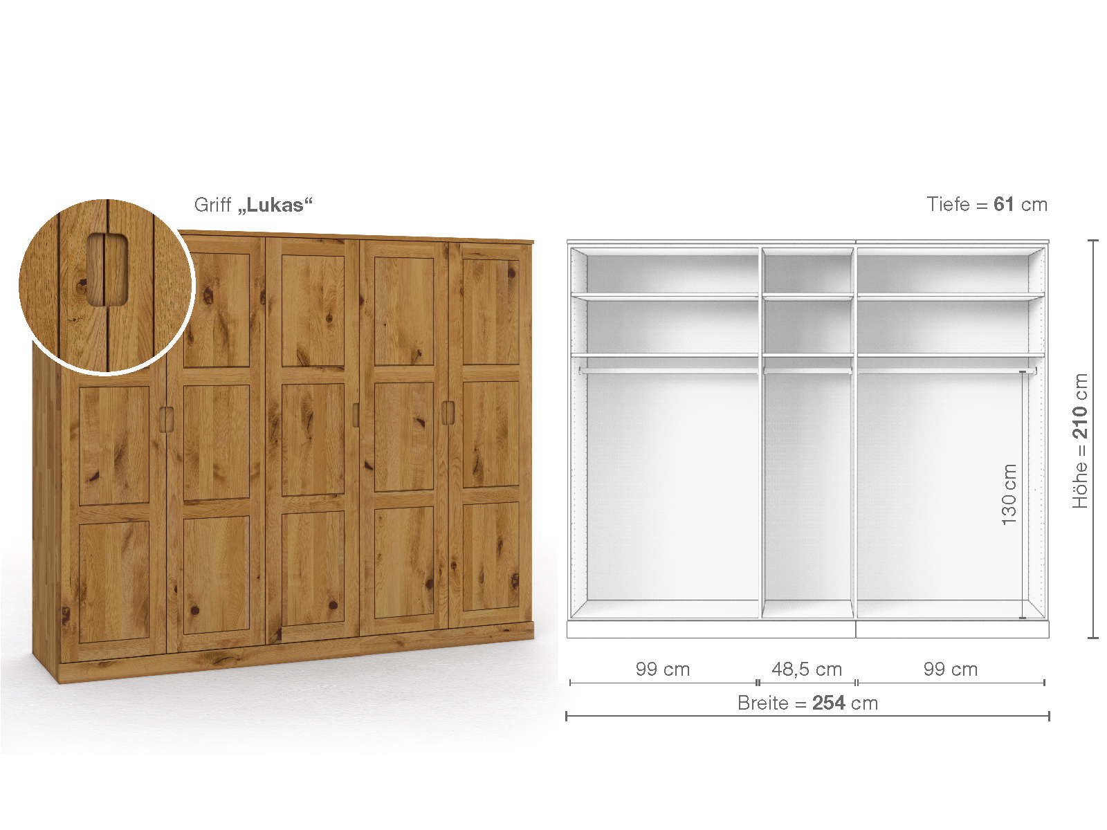 Schrank „Enzian“ aus Wildeiche, 5-türig, Höhe 210 cm, Griffausführung „Lukas“, Inneneinrichtung A