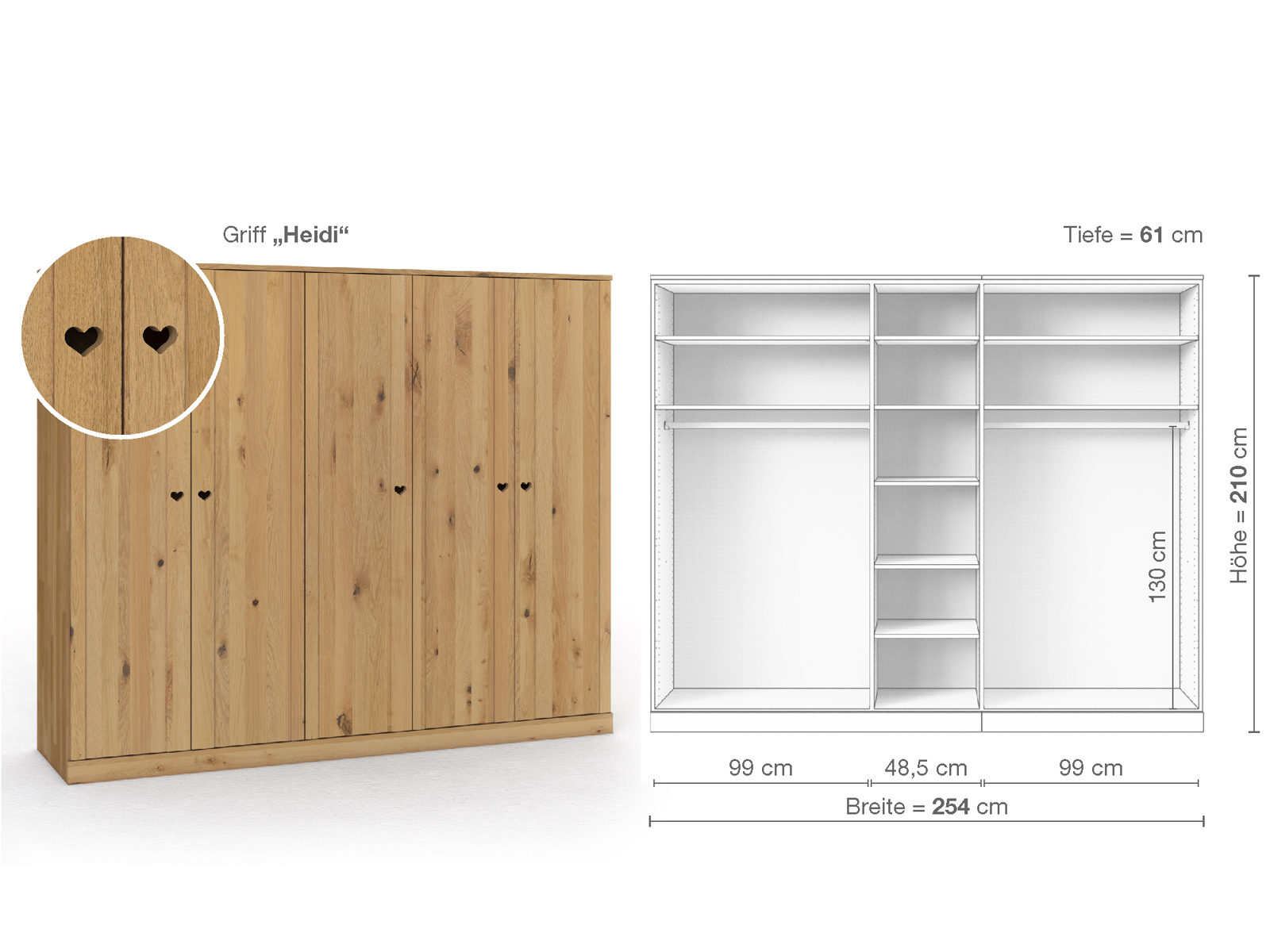 Wildeichenschrank Hell „Arnika“, 5-türig, Höhe 210 cm, Griffausführung „Heidi“, Inneneinrichtung B