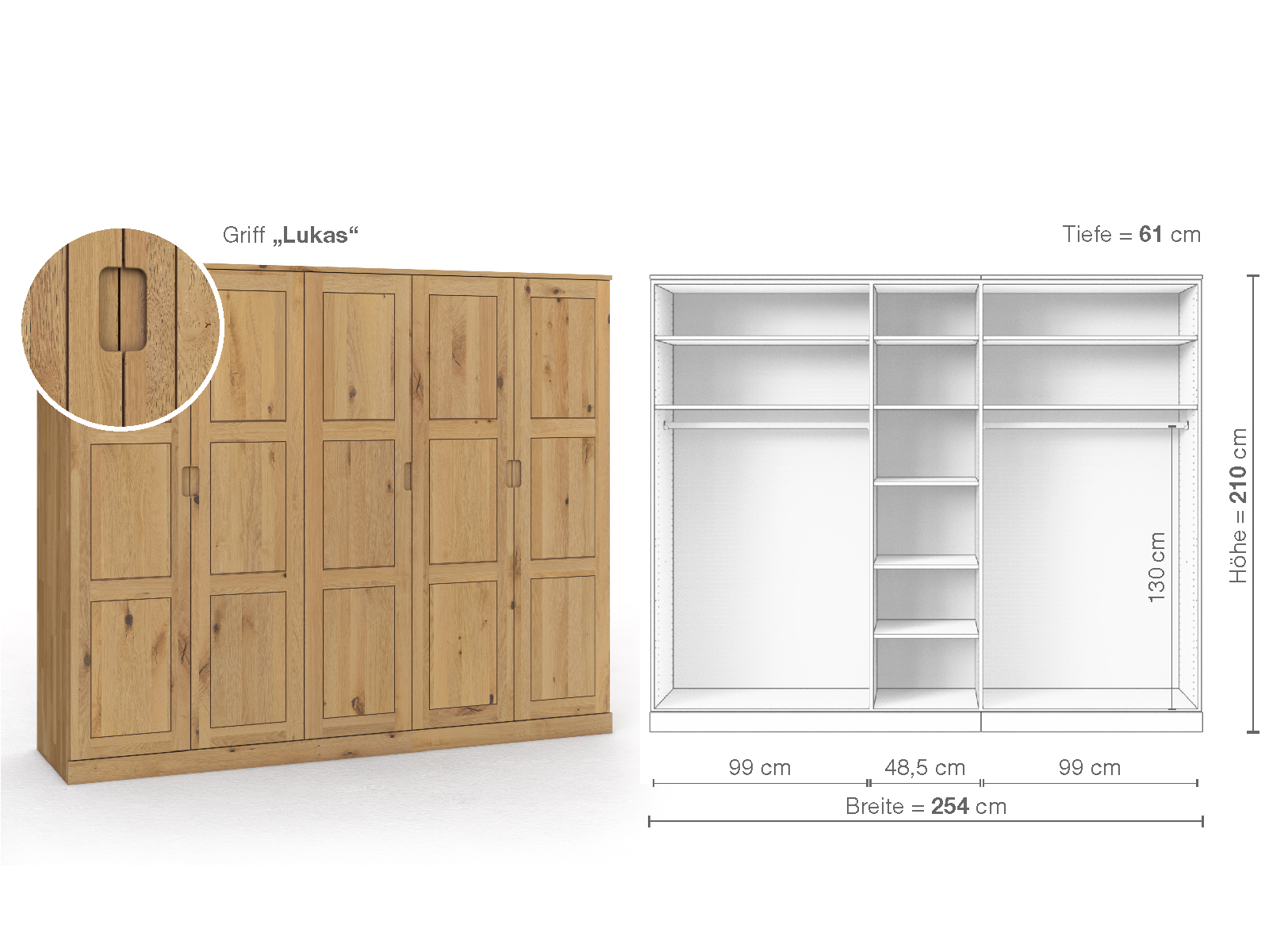 Schrank „Enzian“ aus Wildeiche Hell, 5-türig, Höhe 210 cm, Griffausführung „Lukas“, Inneneinrichtung B