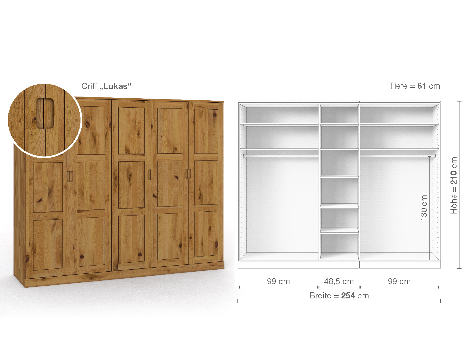 Schrank „Enzian“ aus Wildeiche, 5-türig, Höhe 210 cm, Griffausführung „Lukas“, Inneneinrichtung B