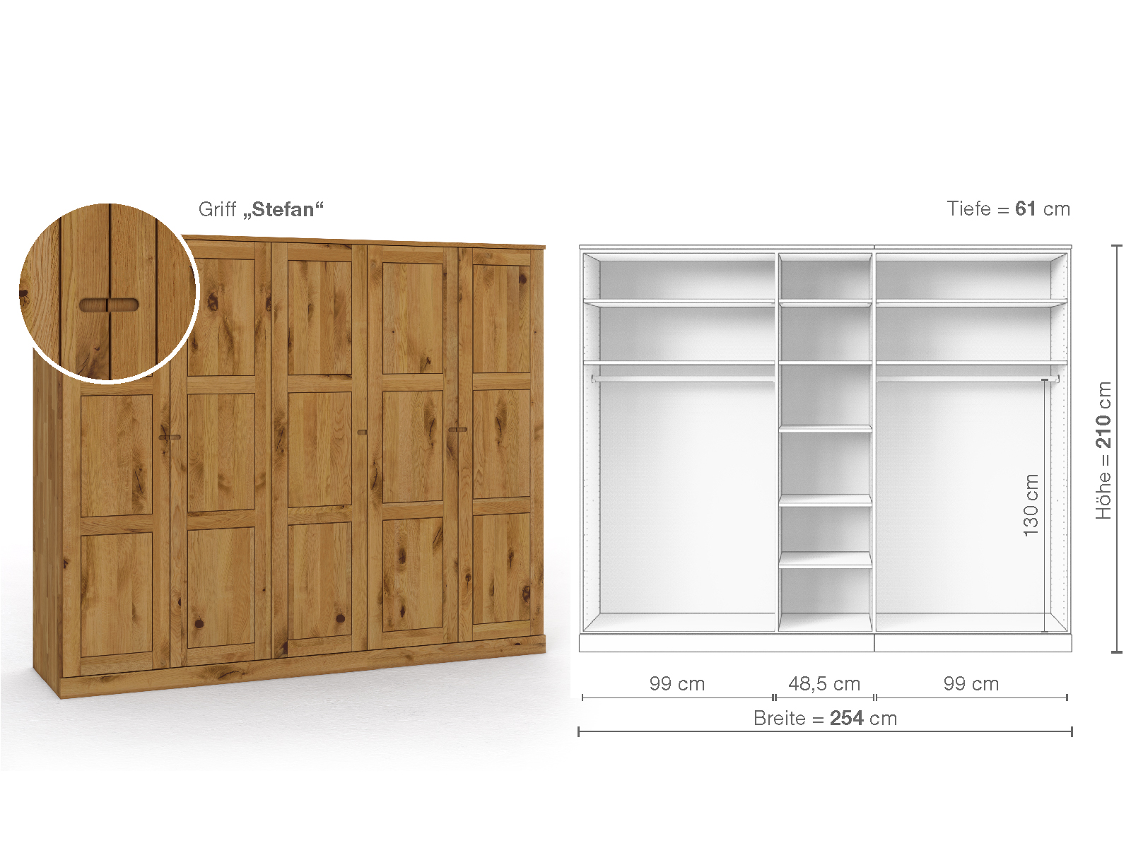 Schrank „Enzian“ aus Wildeiche, 5-türig, Höhe 210 cm, Griffausführung „Stefan“, Inneneinrichtung B