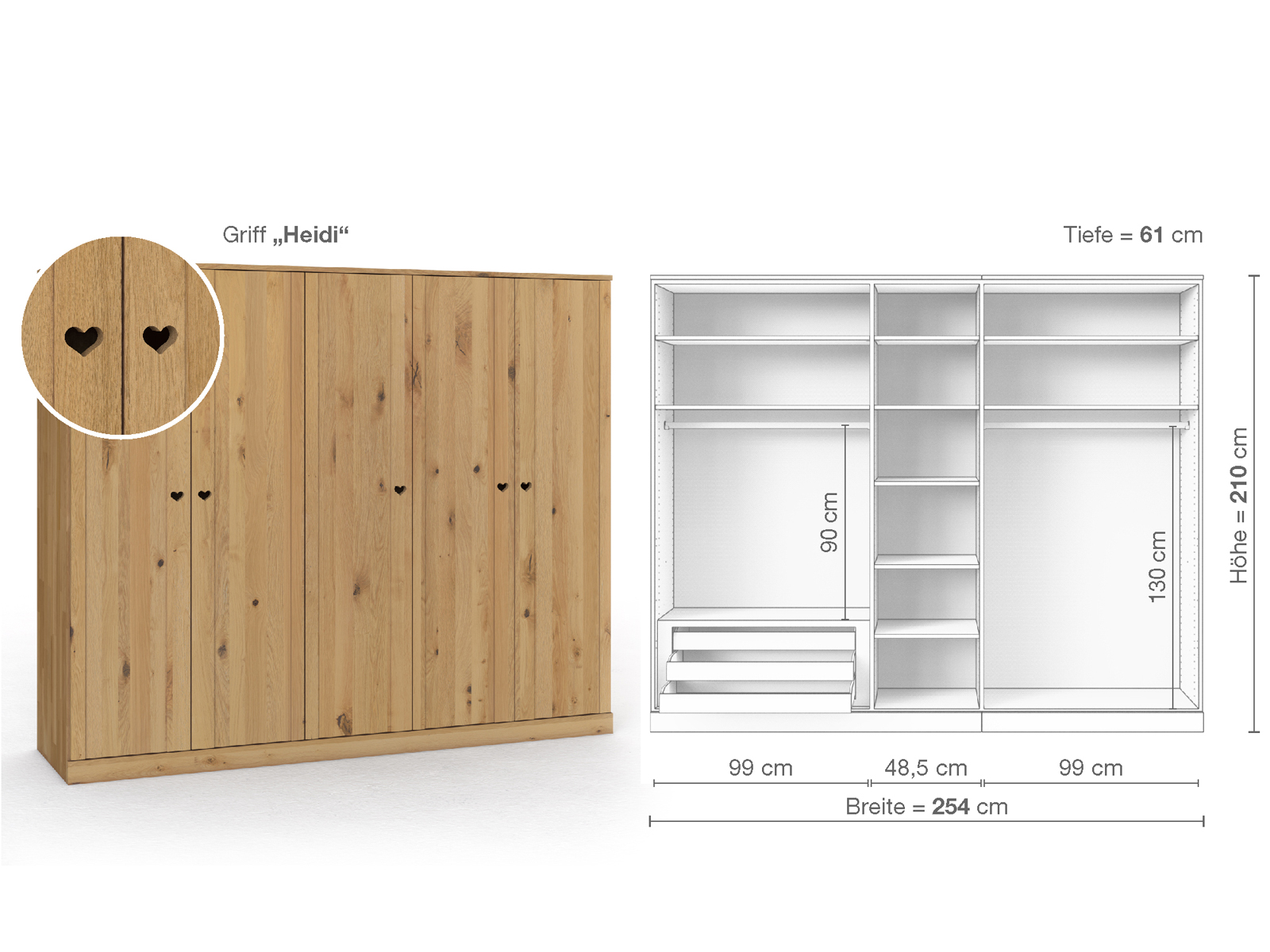 Wildeichenschrank Hell „Arnika“, 5-türig, Höhe 210 cm, Griffausführung „Heidi“, Inneneinrichtung C