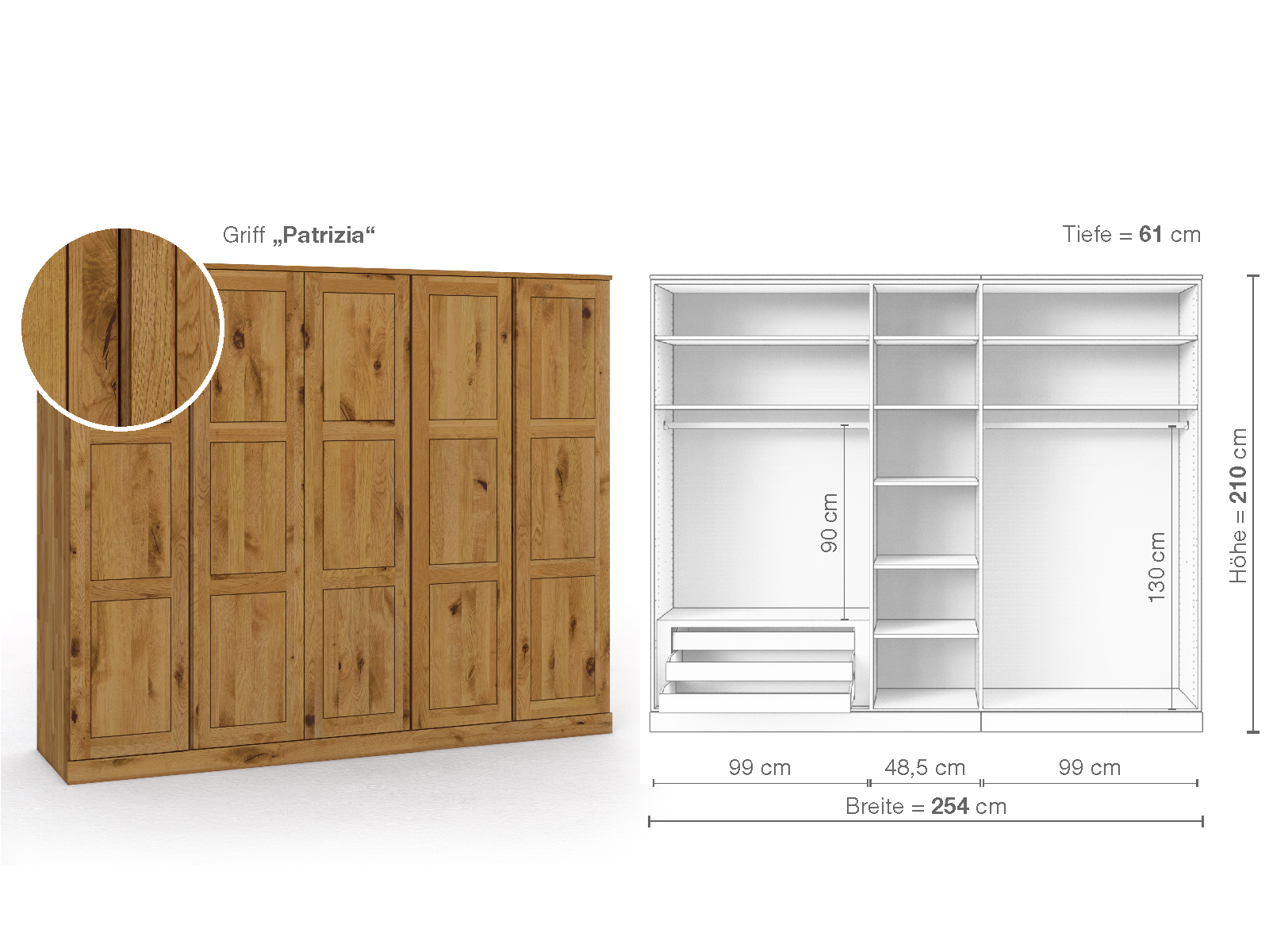 Schrank „Enzian“ aus Wildeiche, 5-türig, Höhe 210 cm, Griffausführung „Patrizia“, Inneneinrichtung C