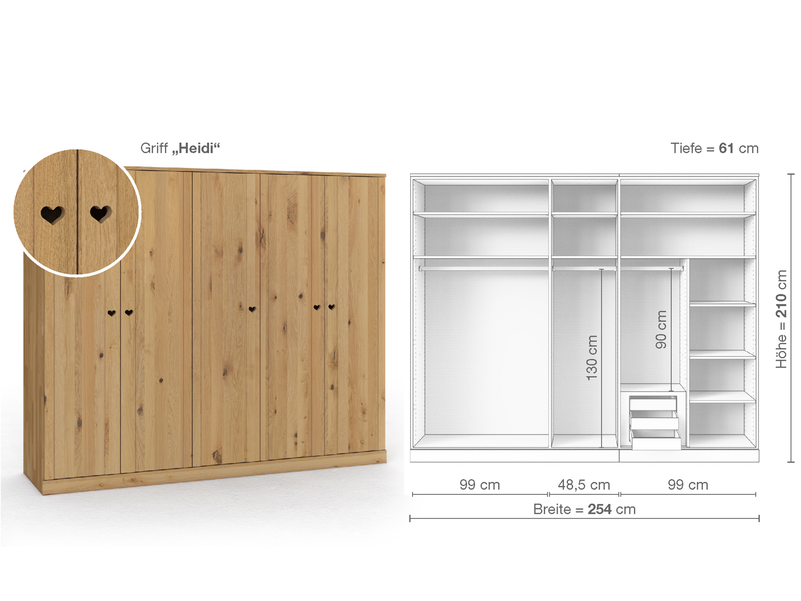 Wildeichenschrank Hell „Arnika“, 5-türig, Höhe 210 cm, Griffausführung „Heidi“, Inneneinrichtung D