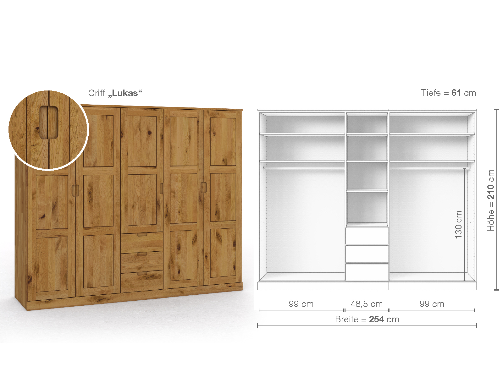 Schrank „Enzian“ aus Wildeiche, 5-türig, Höhe 210 cm, Griffausführung „Lukas“, Inneneinrichtung E