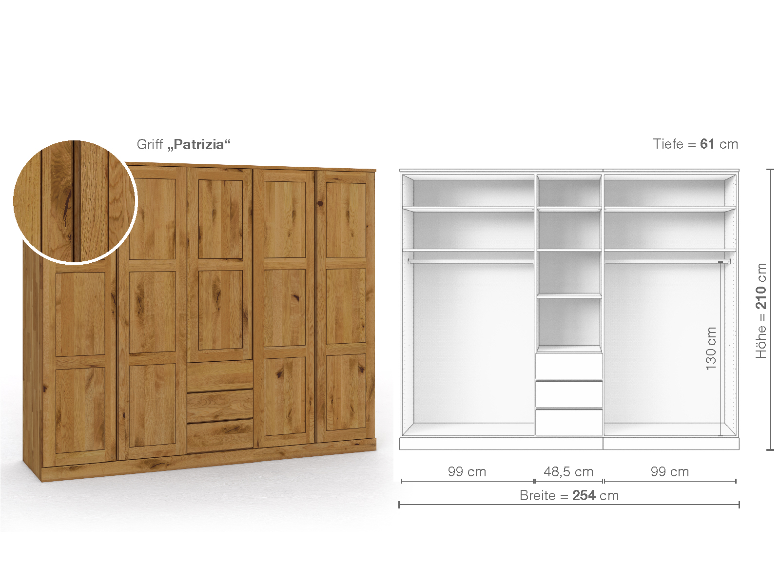 Schrank „Enzian“ aus Wildeiche, 5-türig, Höhe 210 cm, Griffausführung „Patrizia“, Inneneinrichtung E