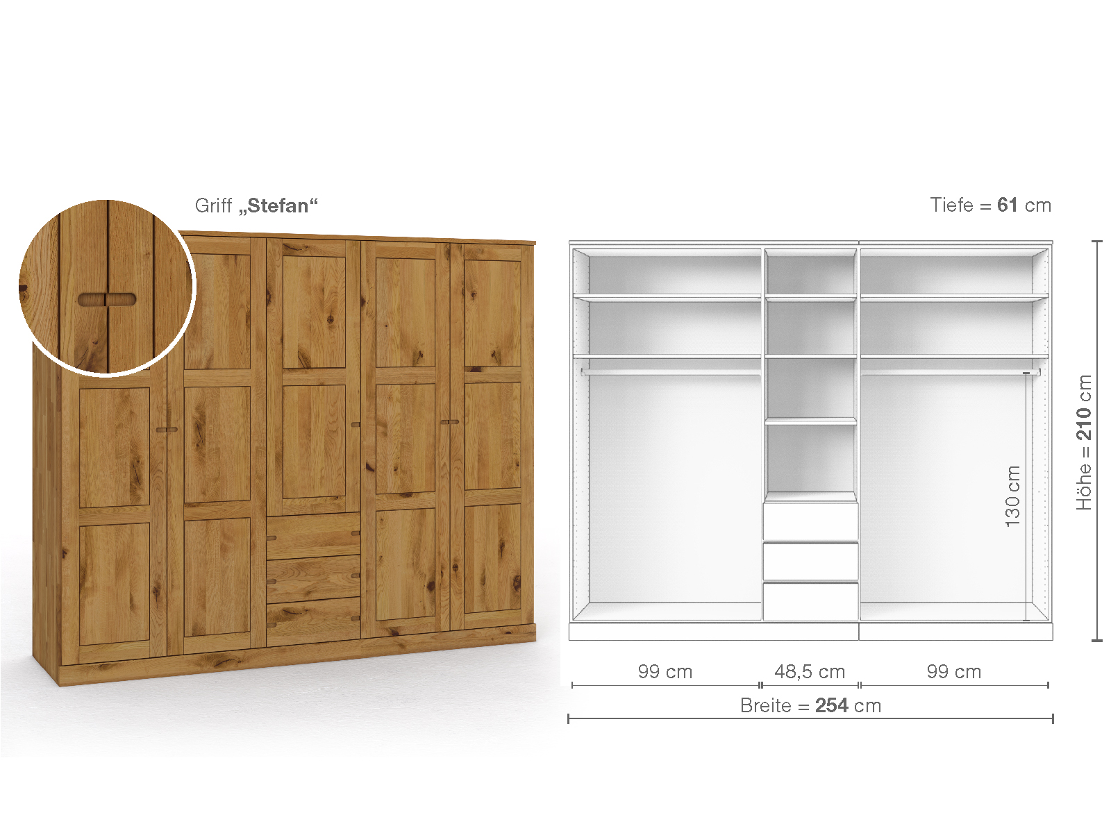 Schrank „Enzian“ aus Wildeiche, 5-türig, Höhe 210 cm, Griffausführung „Stefan“, Inneneinrichtung E