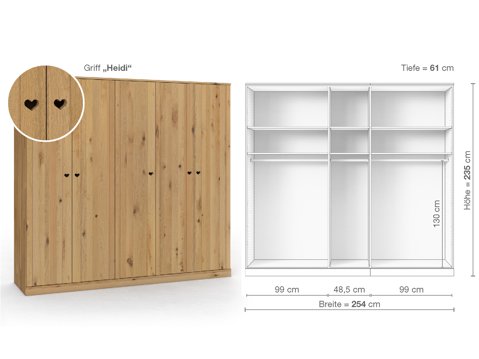 Wildeichenschrank Hell „Arnika“, 5-türig, Höhe 235 cm, Griffausführung „Heidi“, Inneneinrichtung A