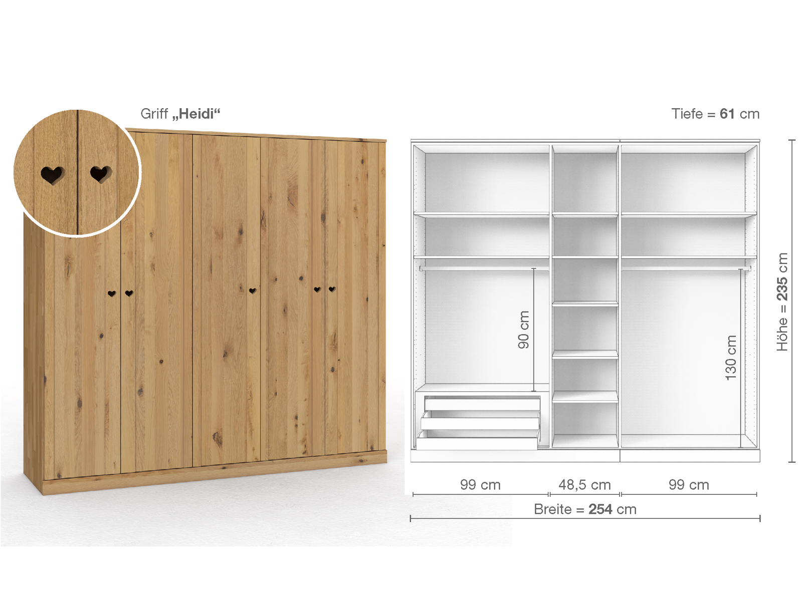 Wildeichenschrank Hell „Arnika“, 5-türig, Höhe 235 cm, Griffausführung „Heidi“, Inneneinrichtung C