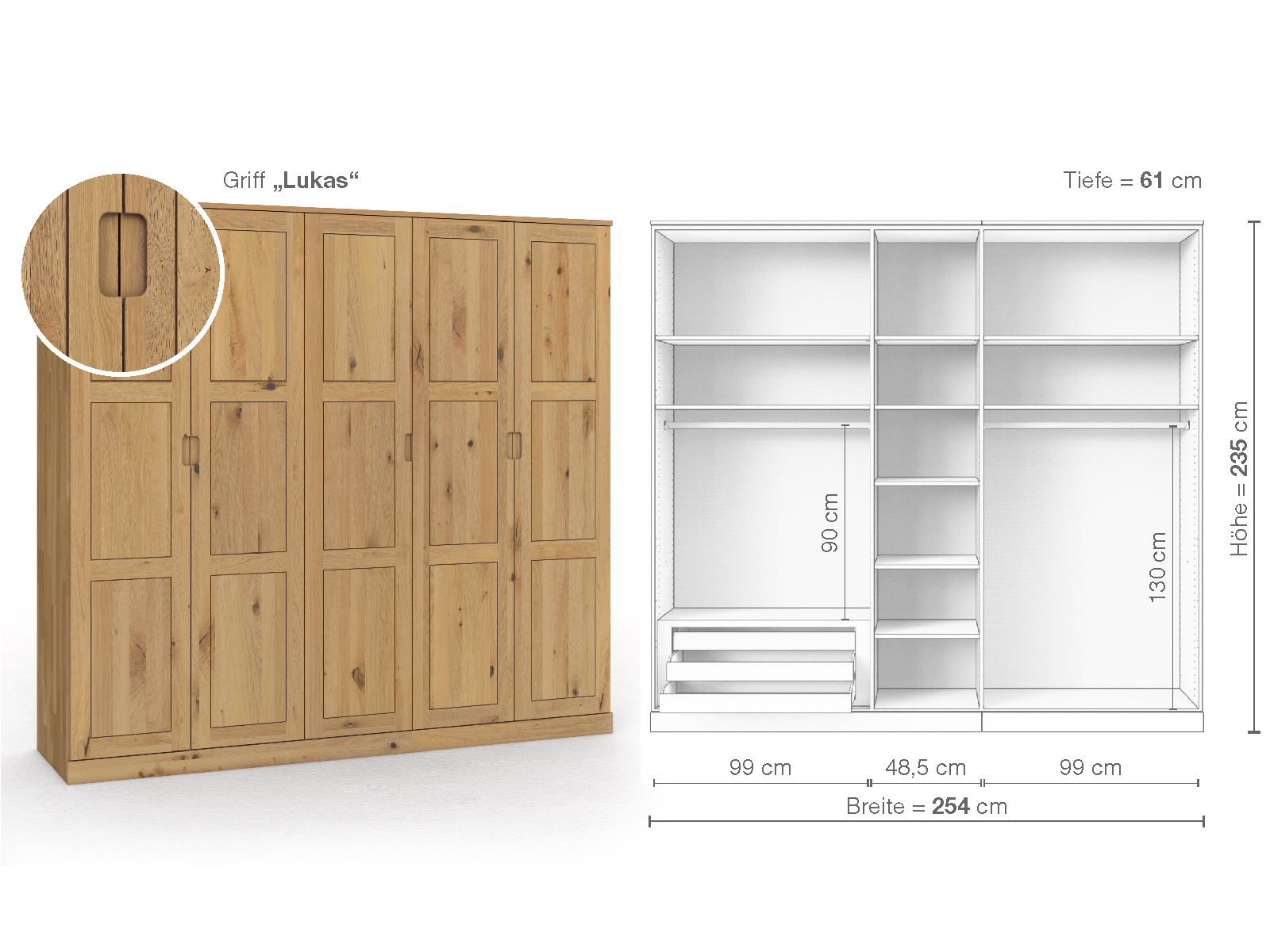 Schrank „Enzian“ aus Wildeiche Hell, 5-türig, Höhe 235 cm, Griffausführung „Lukas“, Inneneinrichtung C