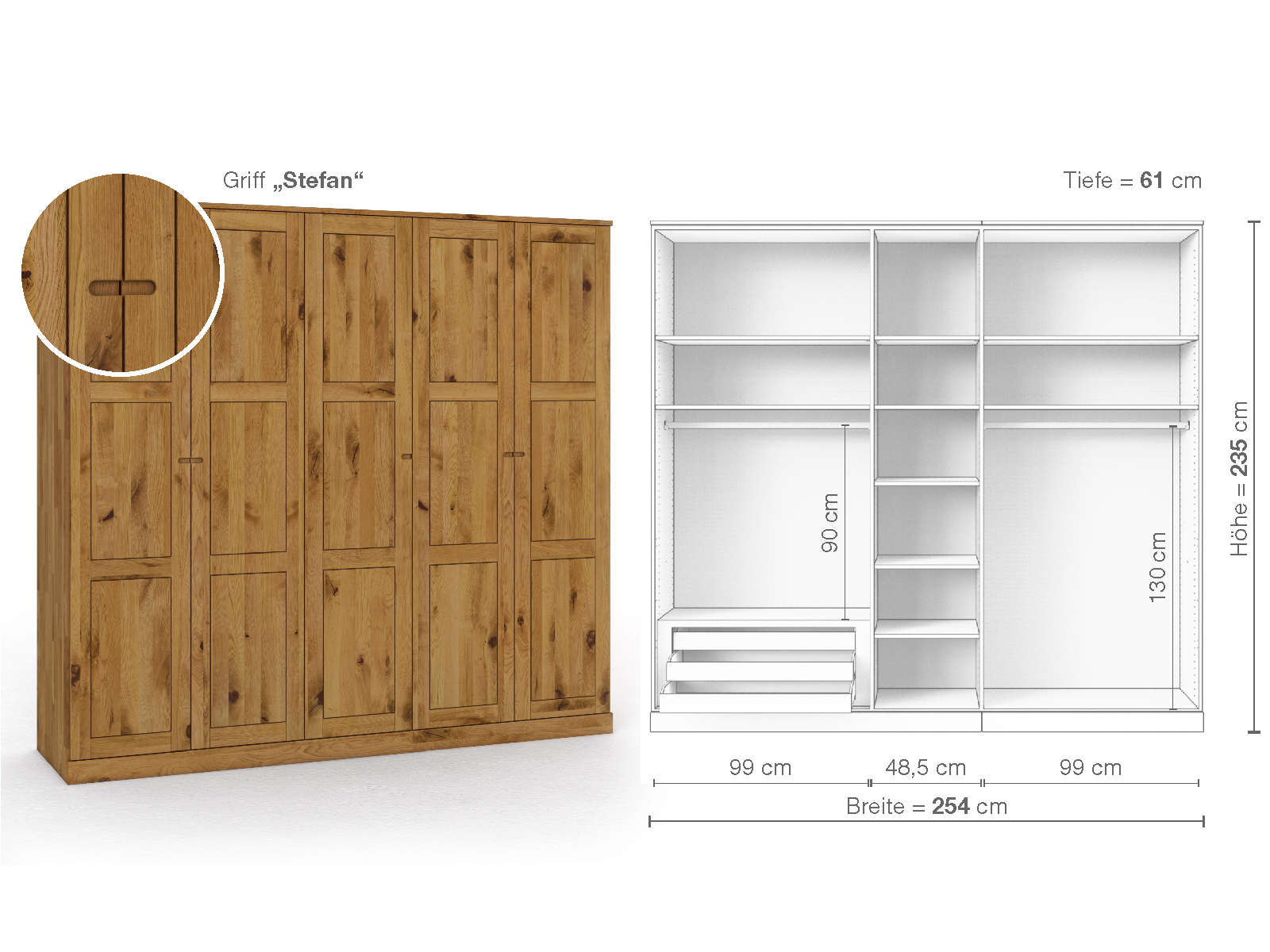 Schrank „Enzian“ aus Wildeiche, 5-türig, Höhe 235 cm, Griffausführung „Stefan“, Inneneinrichtung C