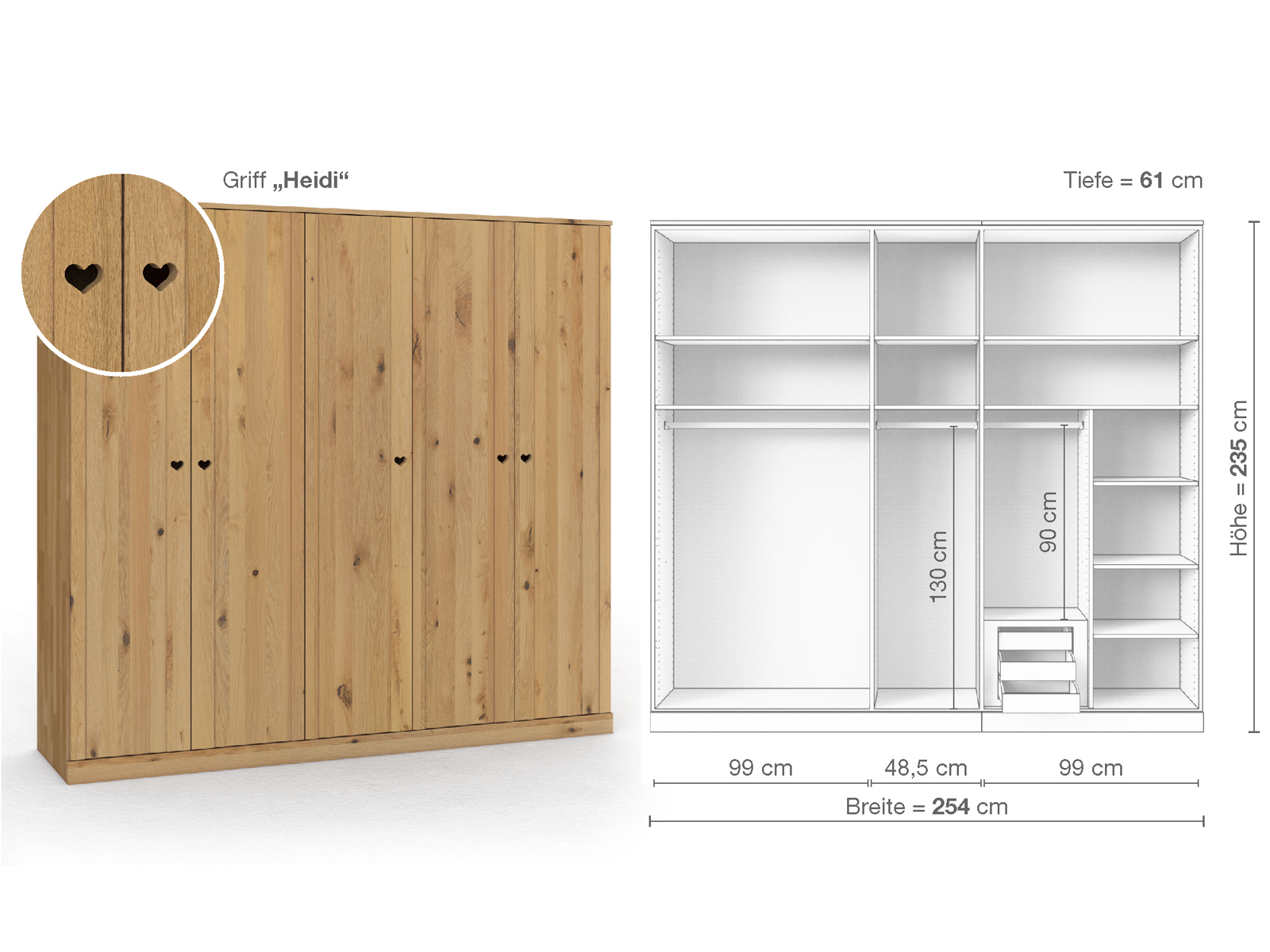 Wildeichenschrank Hell „Arnika“, 5-türig, Höhe 235 cm, Griffausführung „Heidi“, Inneneinrichtung D