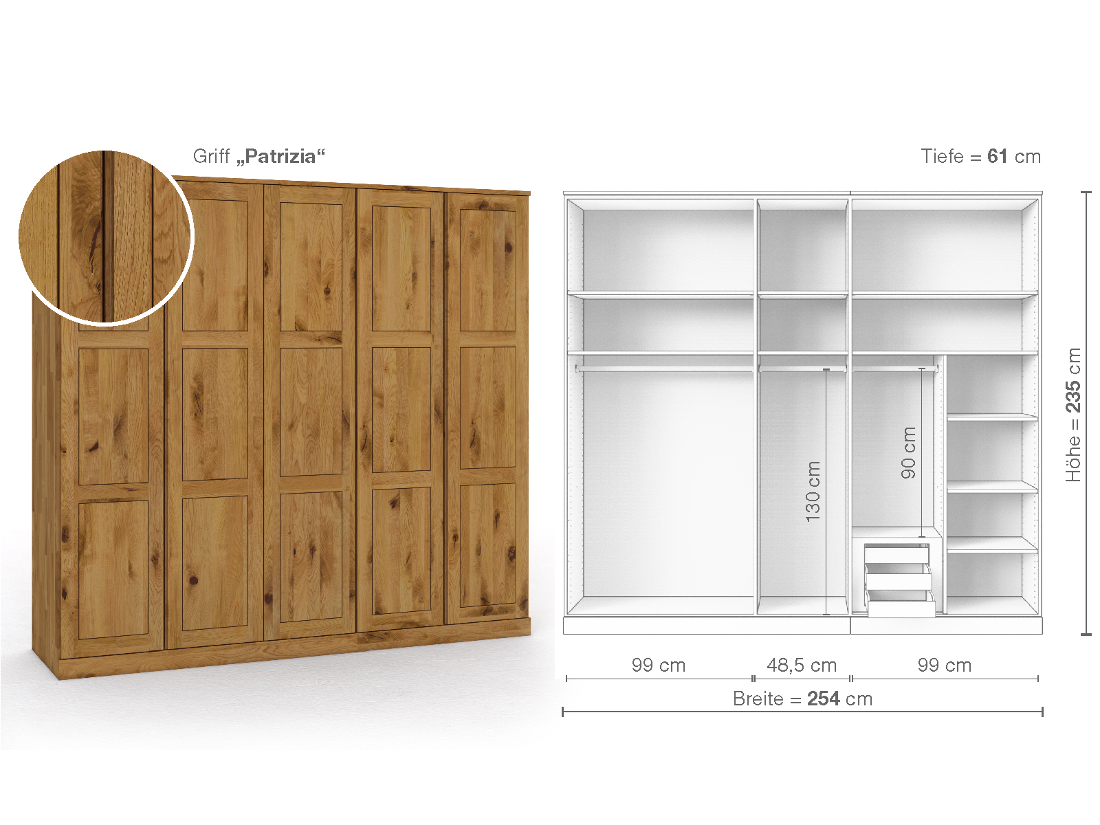 Schrank „Enzian“ aus Wildeiche, 5-türig, Höhe 235 cm, Griffausführung „Patrizia“, Inneneinrichtung D