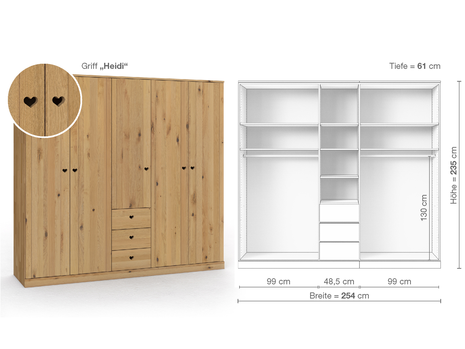 Wildeichenschrank Hell „Arnika“, 5-türig, Höhe 235 cm, Griffausführung „Heidi“, Inneneinrichtung E