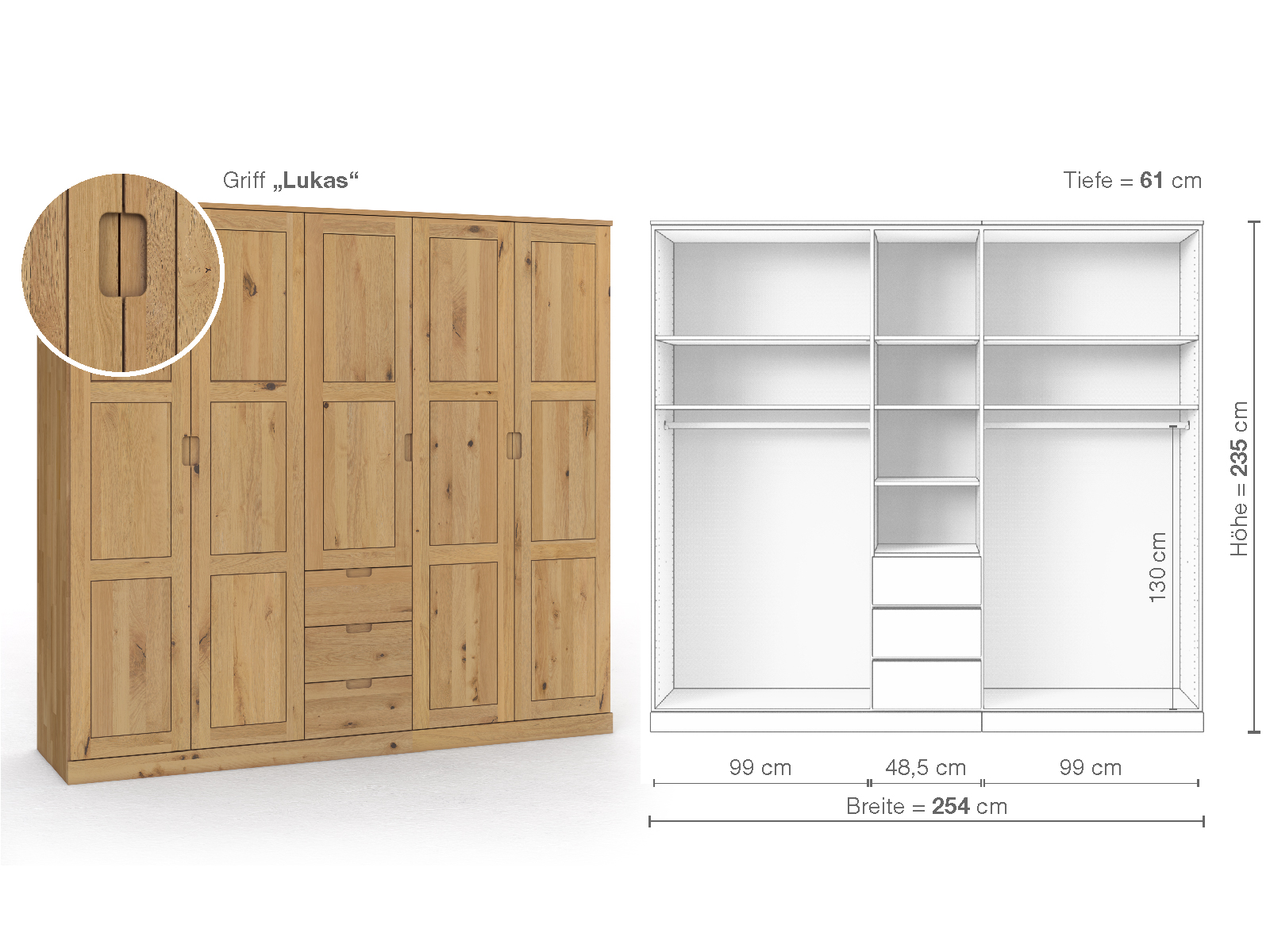 Schrank „Enzian“ aus Wildeiche Hell, 5-türig, Höhe 235 cm, Griffausführung „Lukas“, Inneneinrichtung E