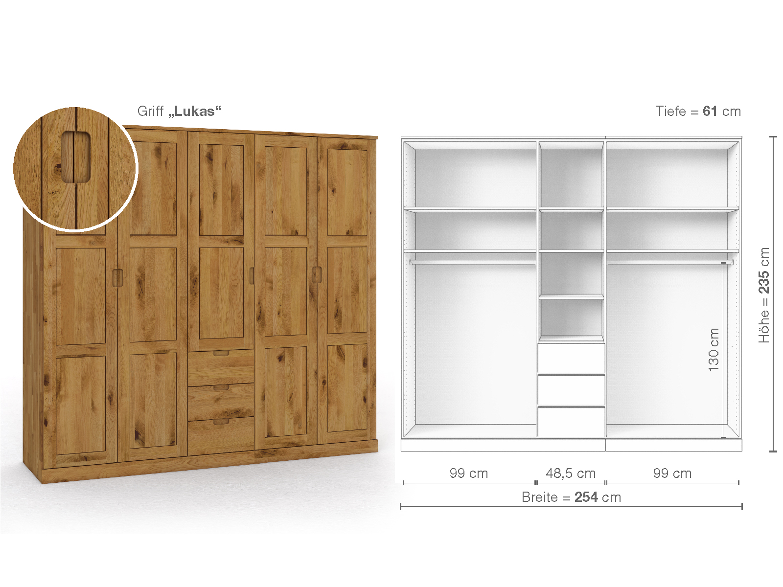 Schrank „Enzian“ aus Wildeiche, 5-türig, Höhe 235 cm, Griffausführung „Lukas“, Inneneinrichtung E